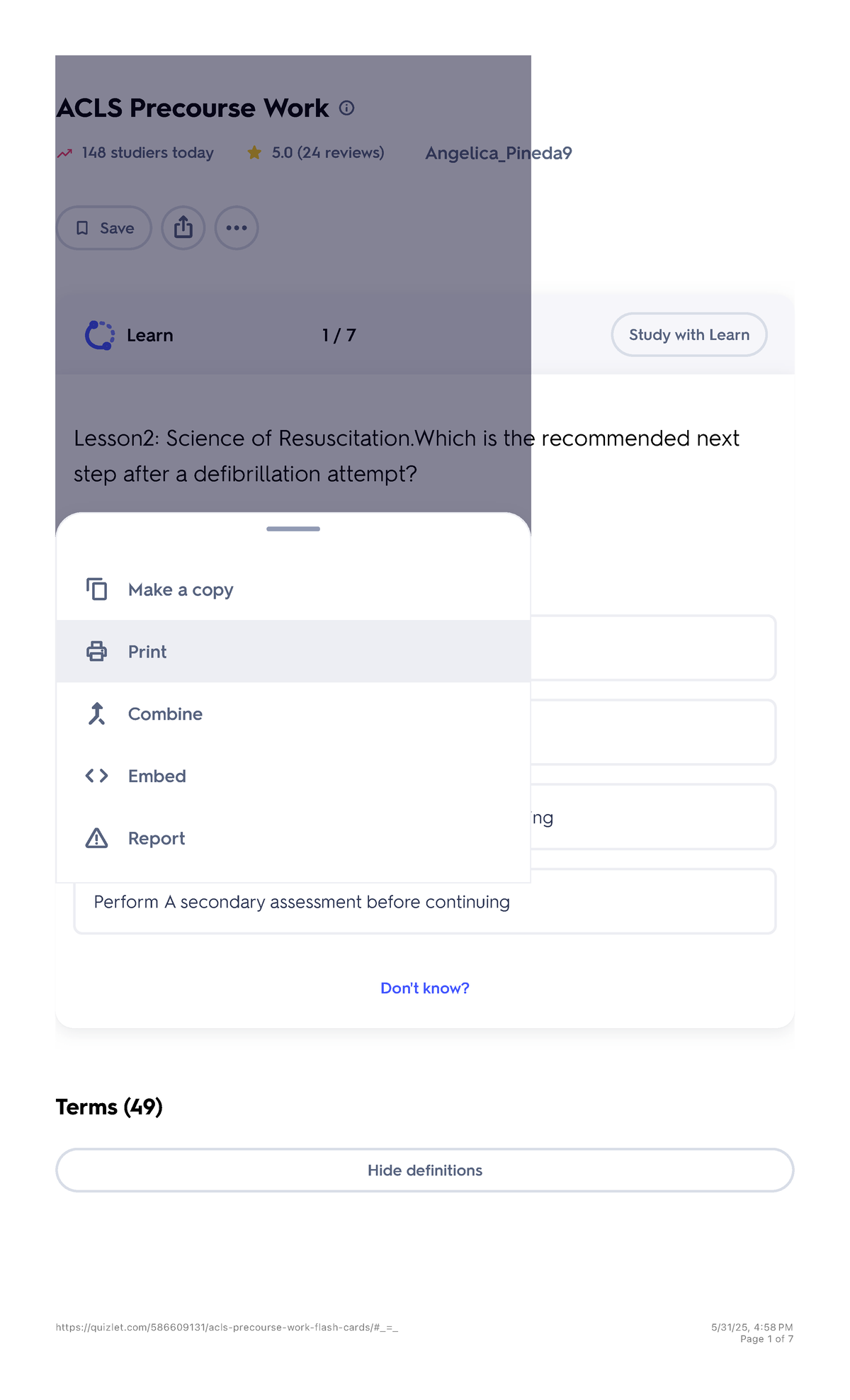 ACLS Precourse Work: Science of Resuscitation Flashcards - Studocu