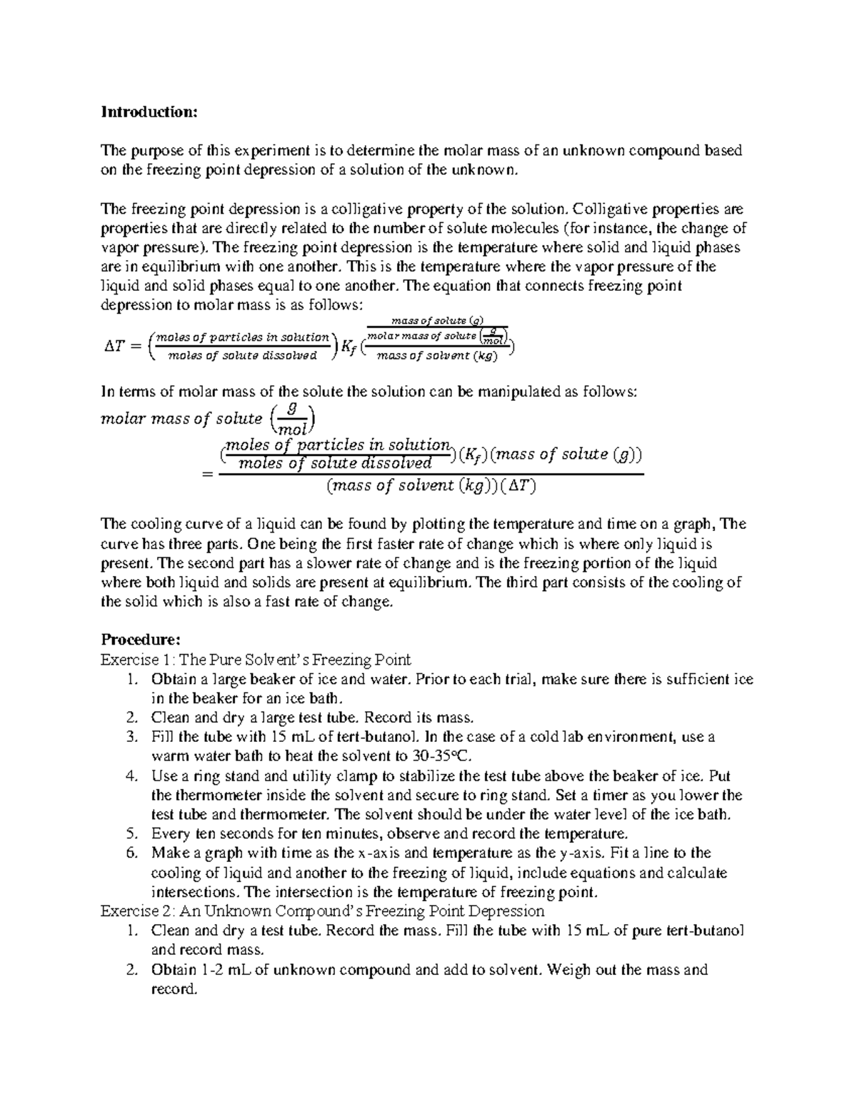 Pre-Lab Experiment: Determining Molar Mass via Freezing Point ...