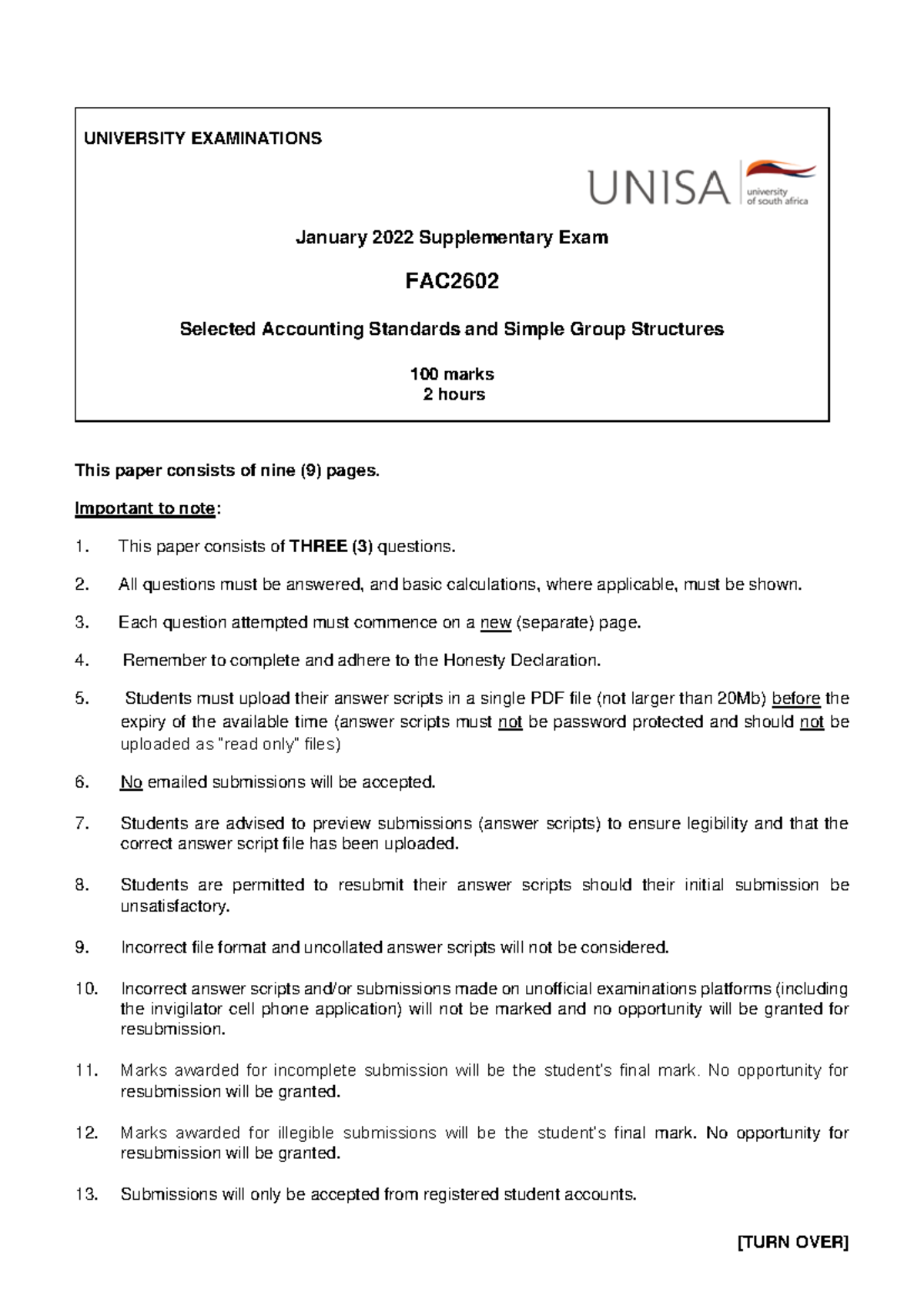 FAC2602 - Jan 2022 Supplementary Exam on Accounting Standards and Group ...