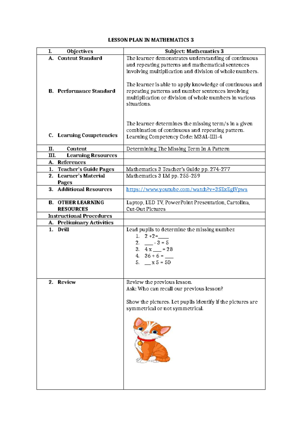 Mathematics 3 Lesson Plan: Identifying Missing Patterns - Studocu