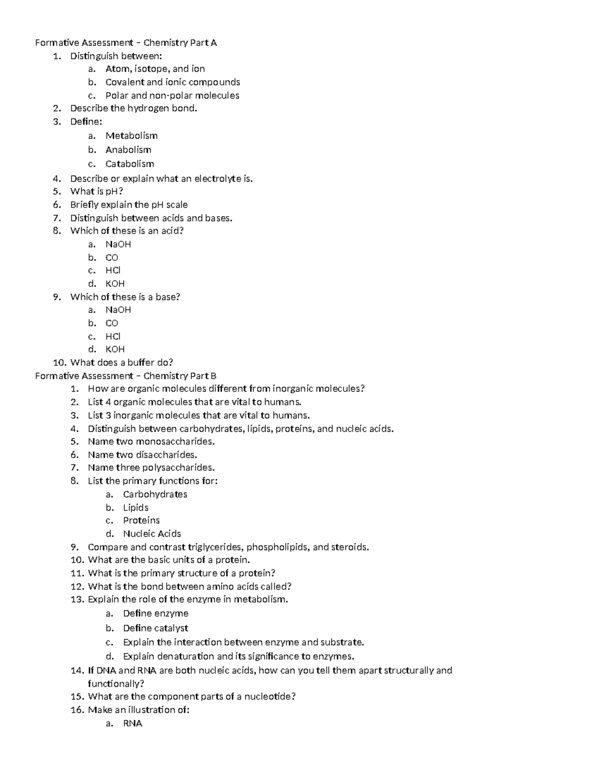 Formative Assessment – Chemistry (Parts A & B) Overview - Studocu