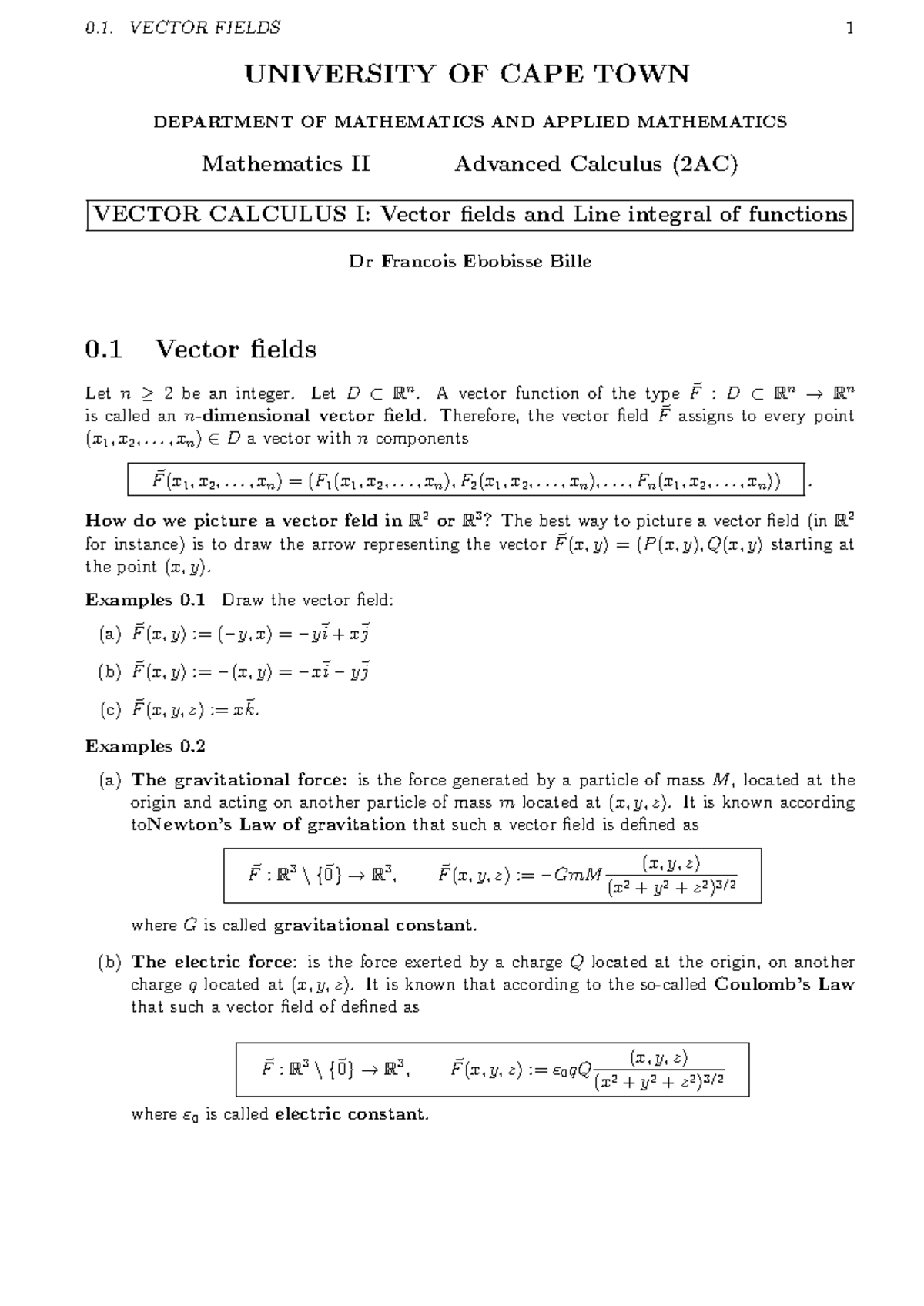 Vector Calculus I (2AC): Vector Fields and Line Integrals Notes - Studocu