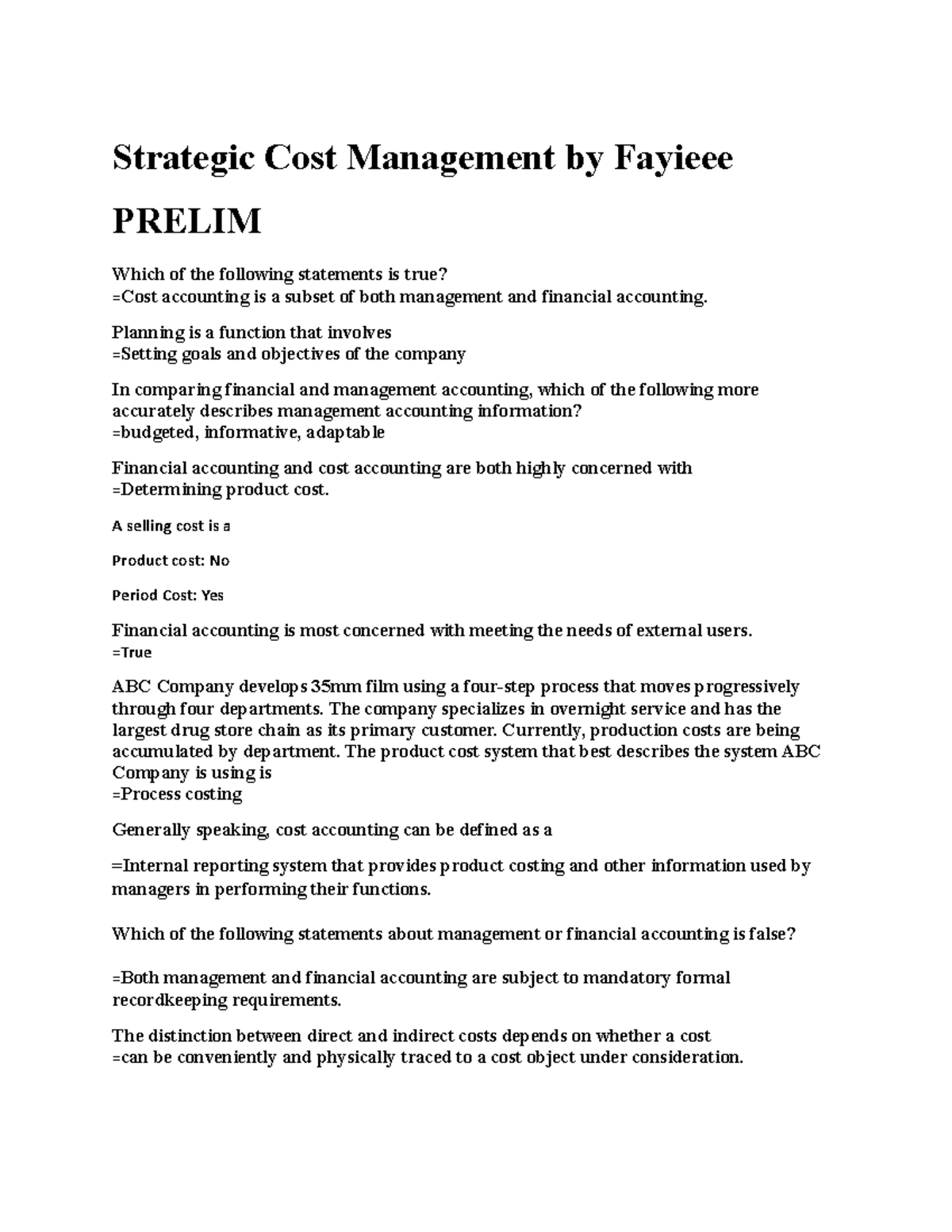 Strategic Cost Management Prelim Exam Review (SCM 101) - Studocu