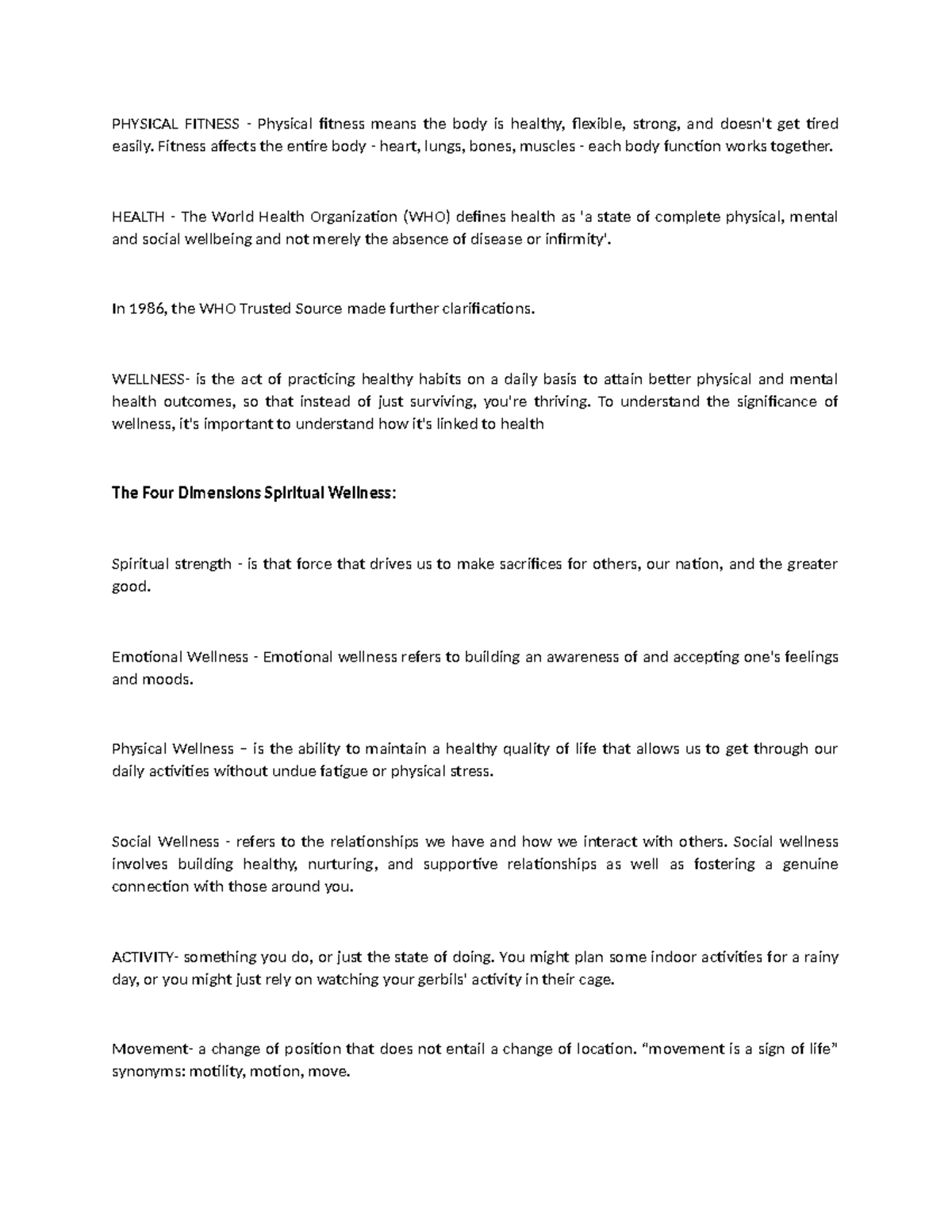 PHYSICAL FITNESS - REQUIRED Study Notes on Health & Wellness - Studocu