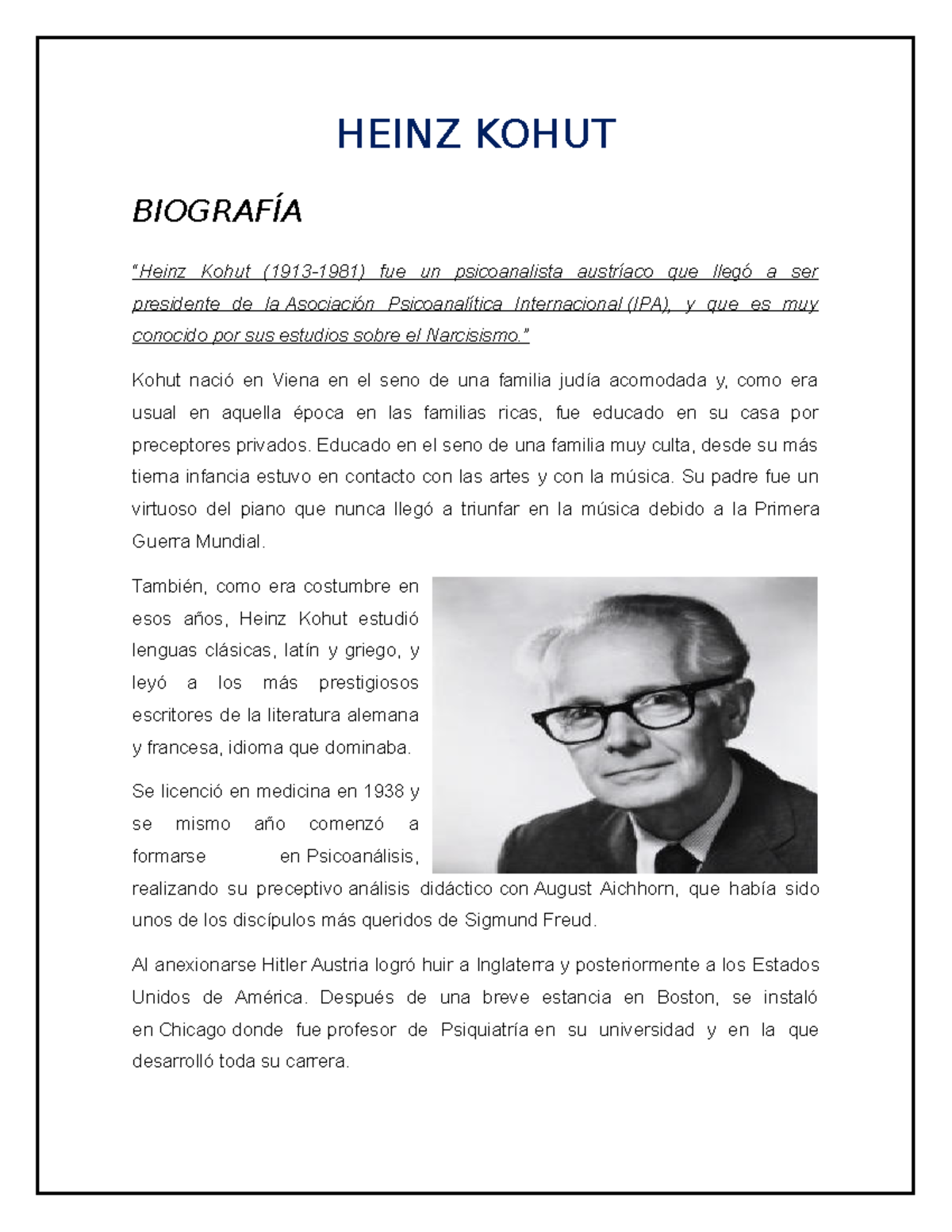 Biografía de Heinz Kohut: Teorías del Narcisismo y el Self - Document Preview