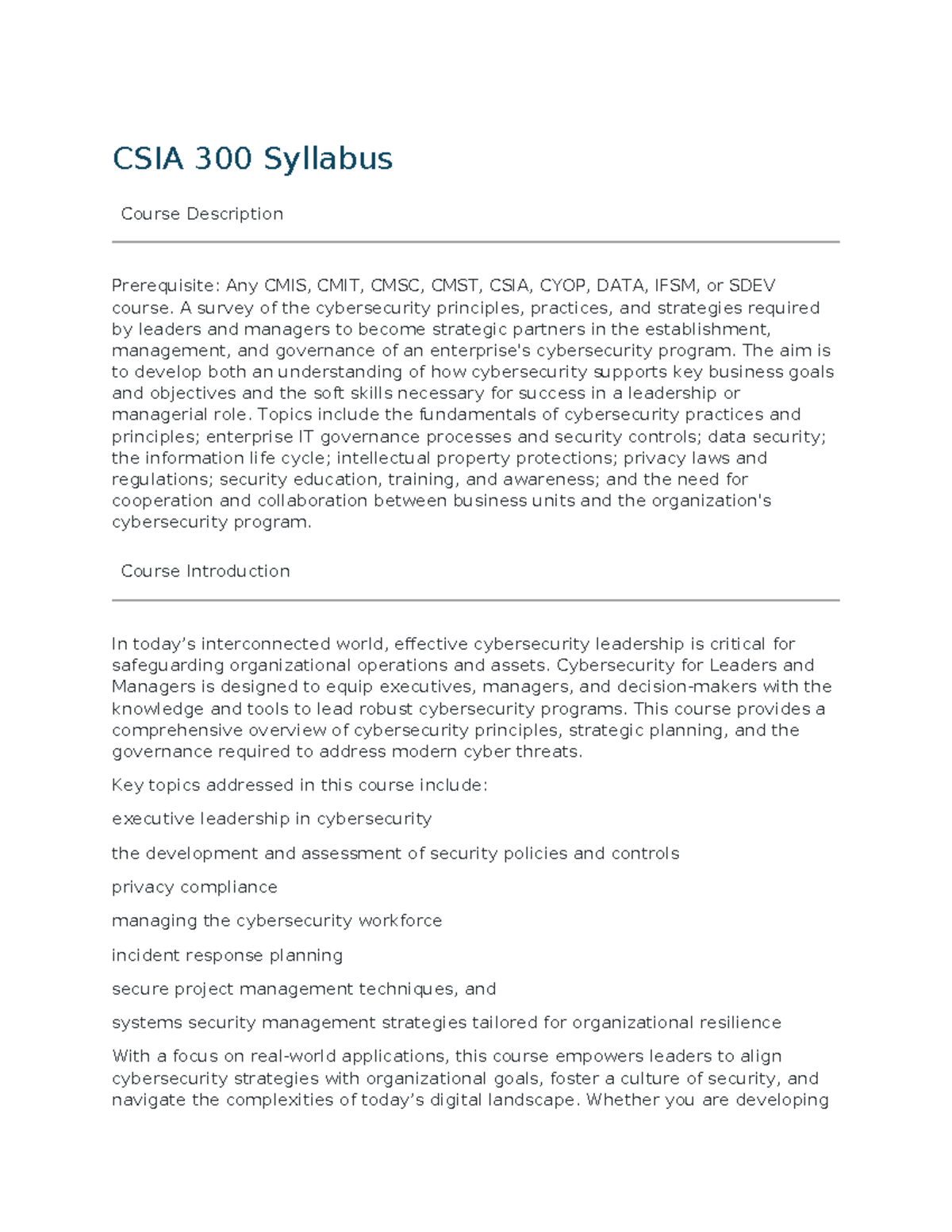 CSIA 300 Syllabus: Cybersecurity for Leaders and Managers Overview ...
