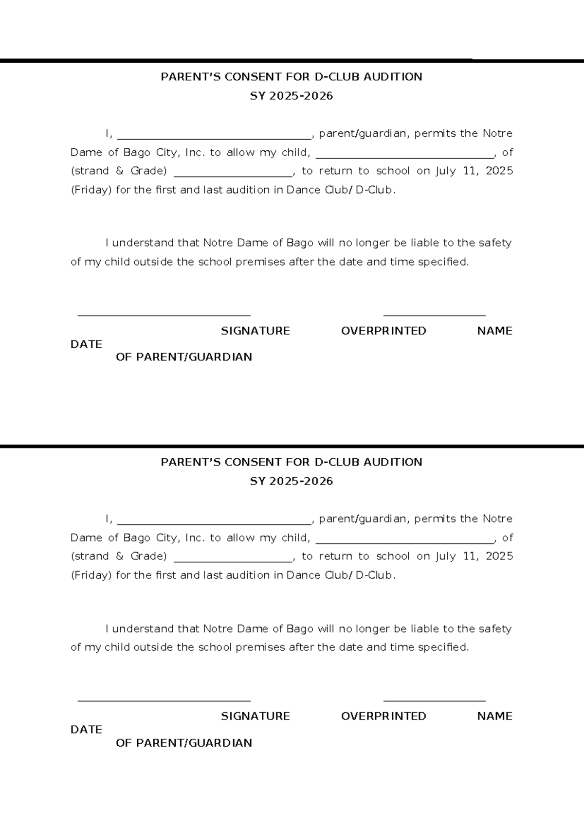 Parent Consent for Dance Audition SY I - Tryouts - Studocu