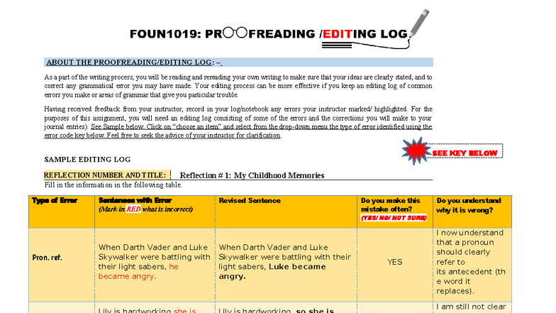 FOUN 1019 Proofreading & Editing Log: Reflection on Writing Errors ...