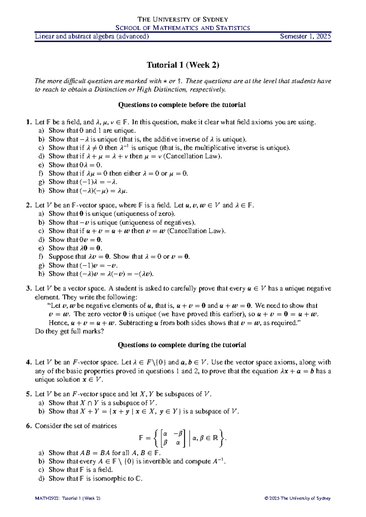 MATH2922: Linear & Abstract Algebra Tutorial 1 (Week 2) 2025 - Studocu