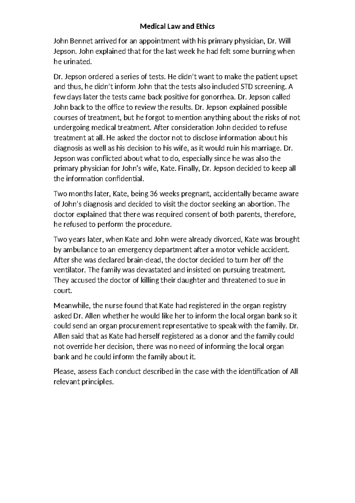 Medical Law & Ethics Case Study: Conflicts of Confidentiality & Consent ...