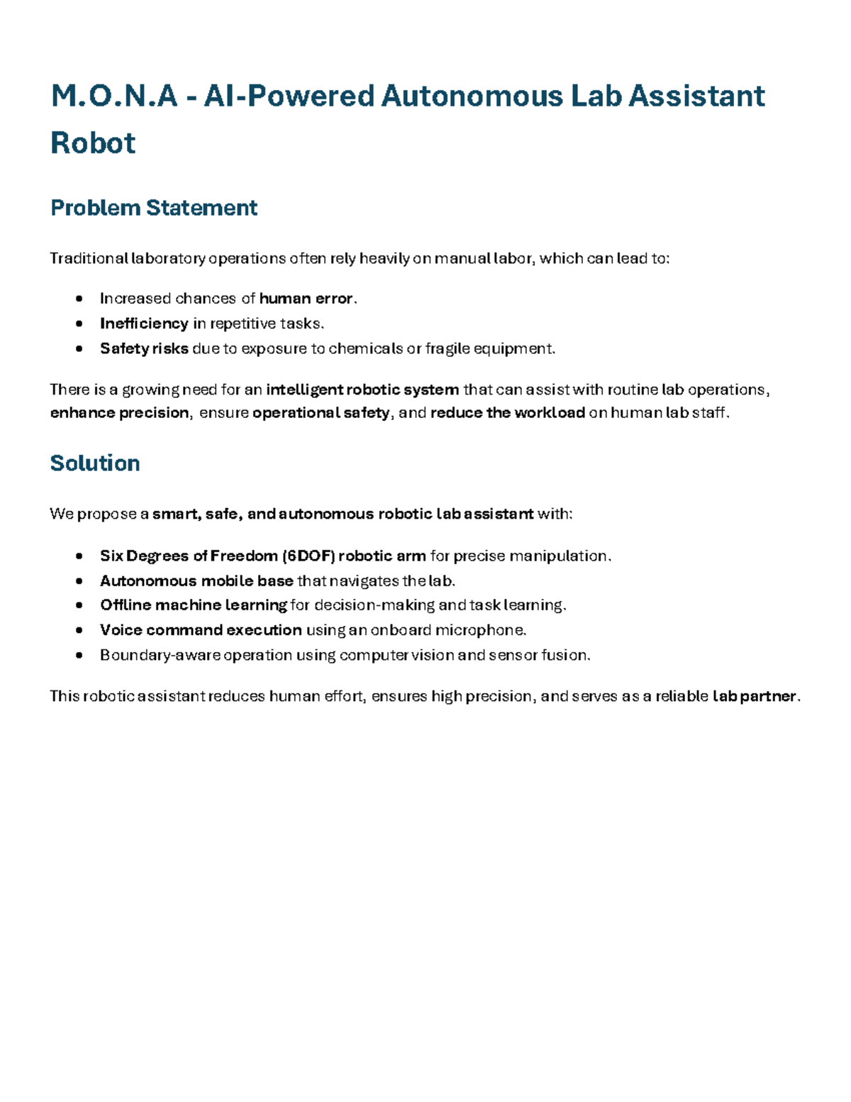M.O.N.A 6DOF Autonomous Lab Assistant Project Overview - Studocu
