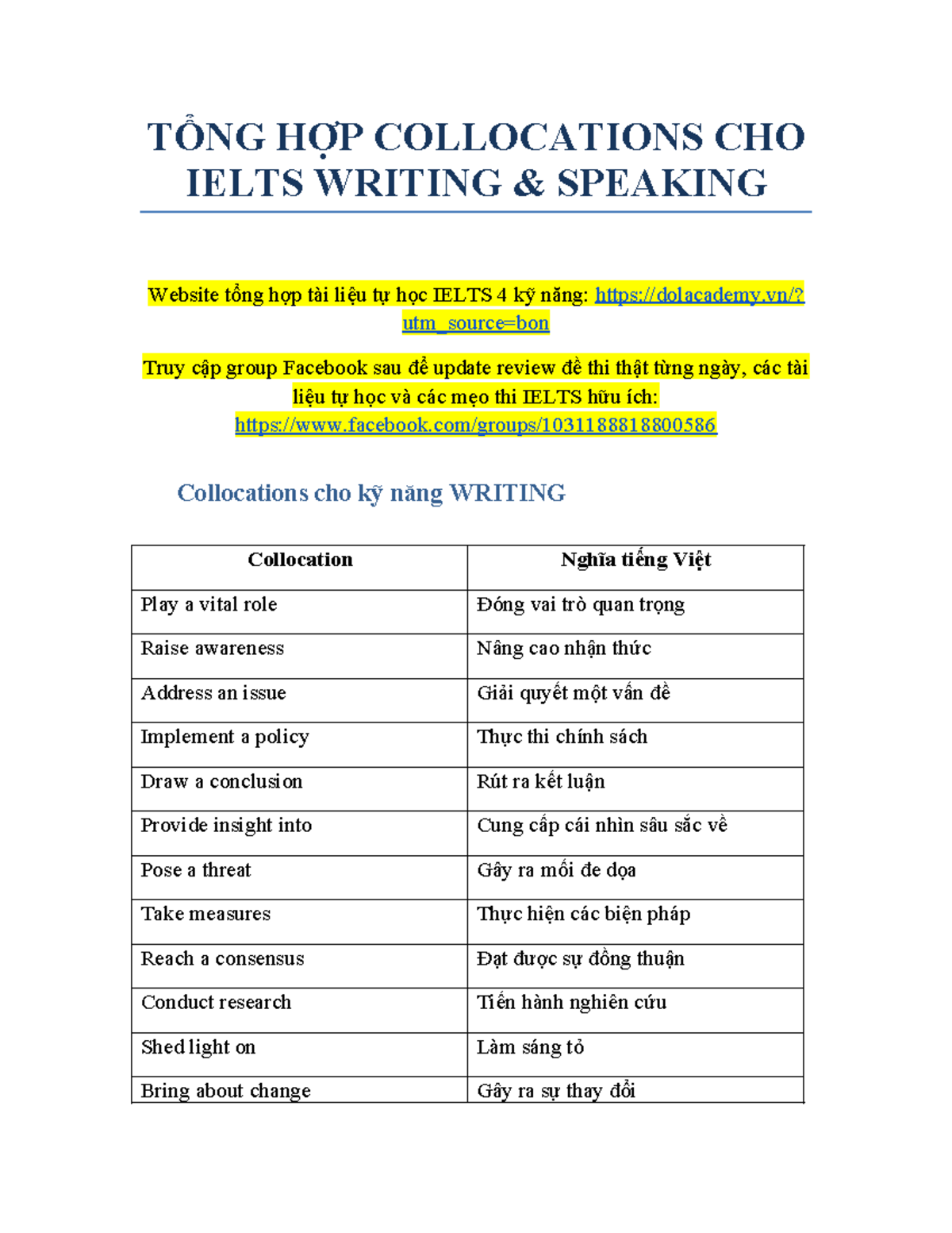 TỔNG HỢP Collocations CHO IELTS WRITING & SPEAKING - Studocu