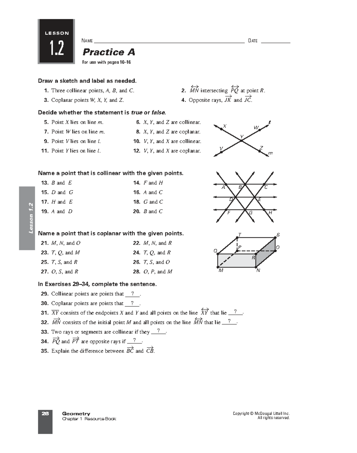 Geometry 1.2 Practice - Points, Lines, and Planes - Studocu