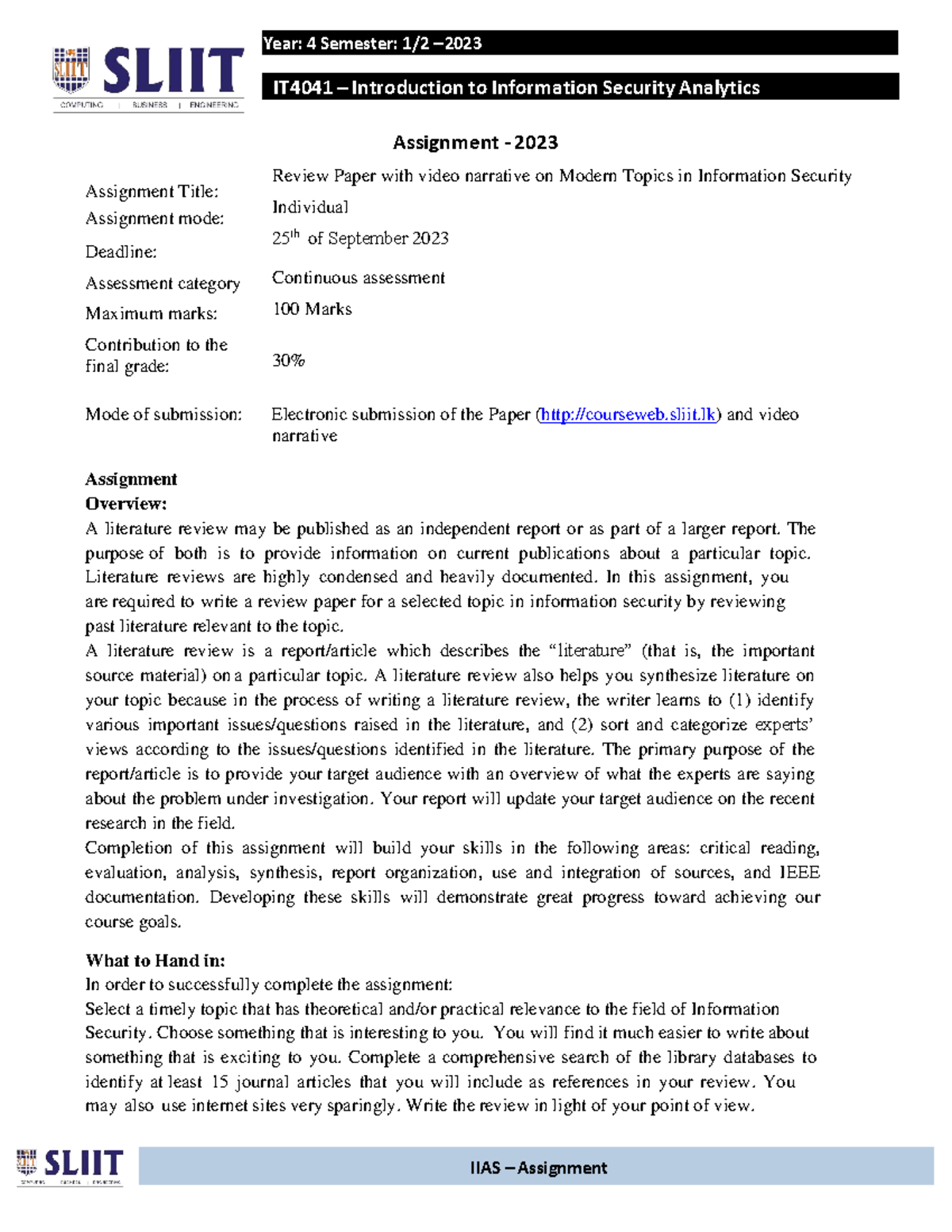 IT4041 Assignment 2023: Review Paper on Modern Info Security Topics ...