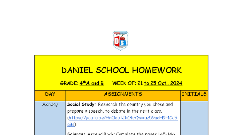 Homework Assignments for 4th A-B (Oct 21-25, 2024) - Studocu