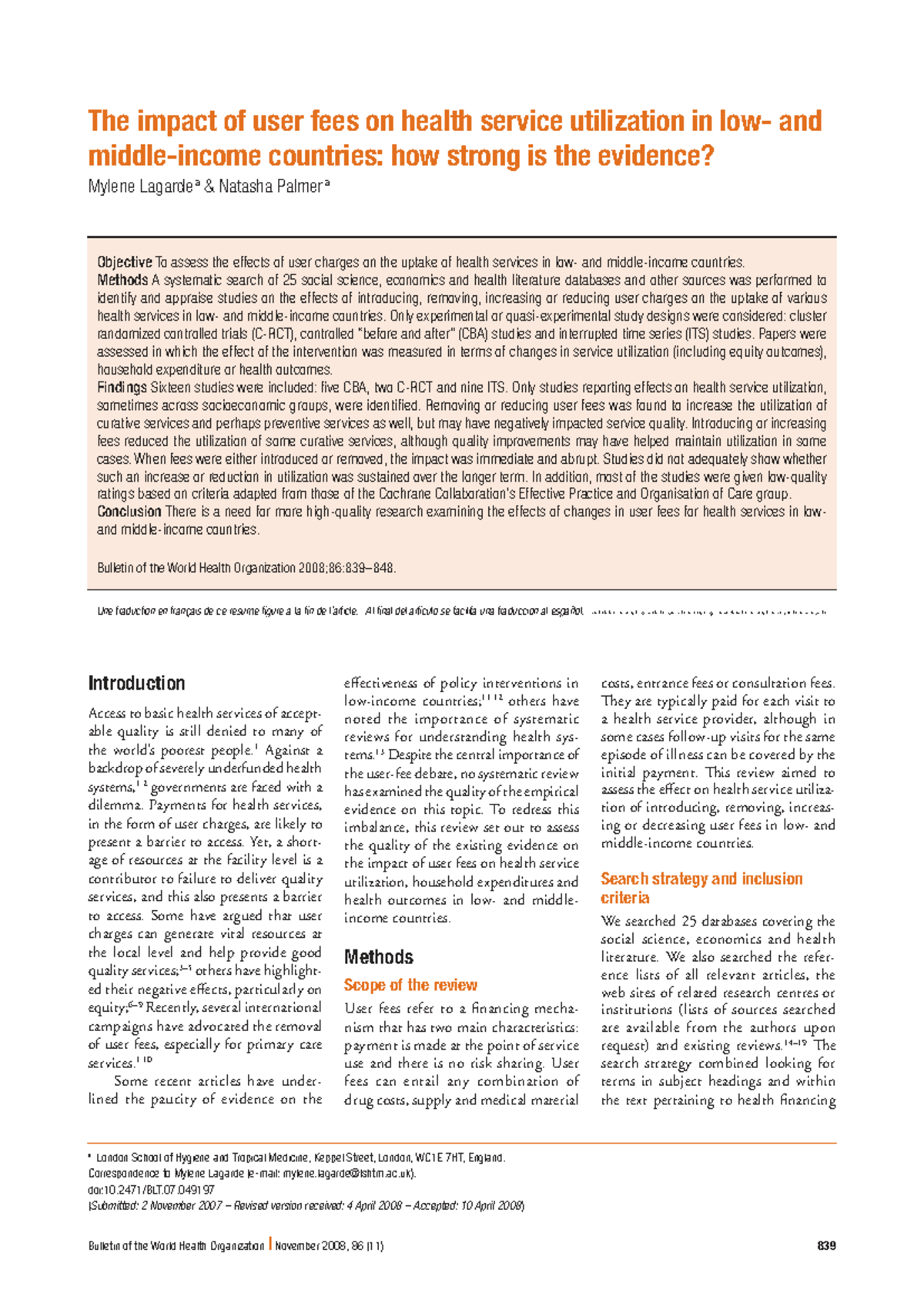 Impact of User Fees on Health Service Utilization in Low-Income ...