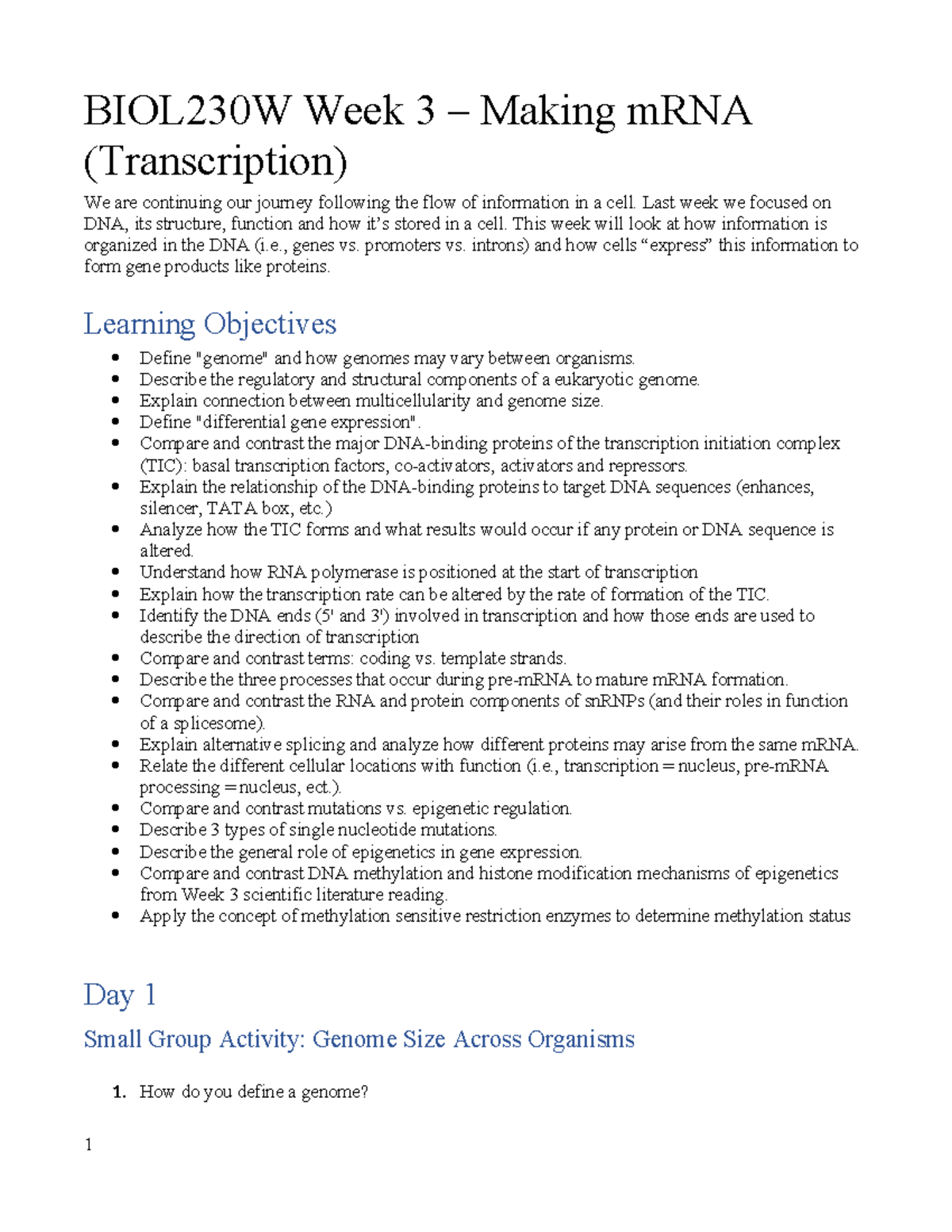 BIOL230W Week 3 Learning Guide: Transcription & mRNA Formation - Studocu