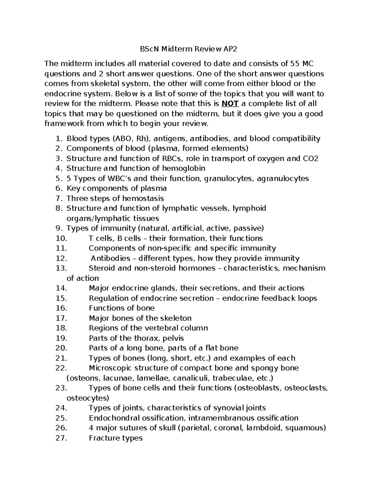 BScN AP2 Midterm Review: Key Topics & Study Guide - Studocu