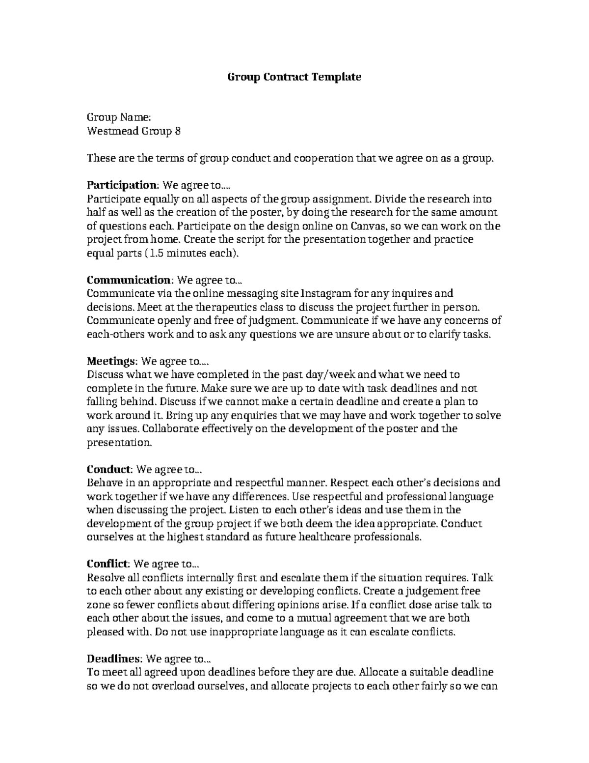 Group Contract Template for Westmead Group 8 Collaboration - Studocu