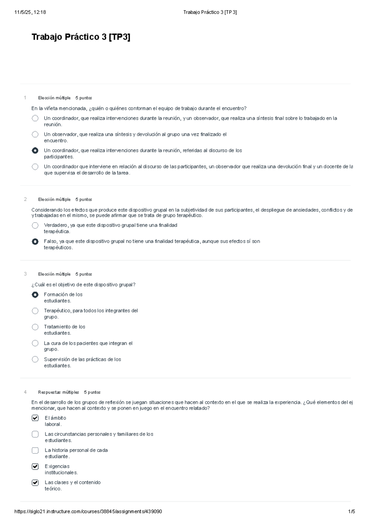TP3: Trabajo Práctico 3 sobre Dispositivos Grupales en Psicología - Document Preview
