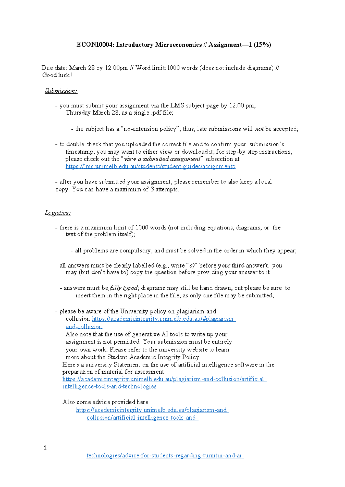 Assignment 1 final - Working out - ECON10004: Introductory ...