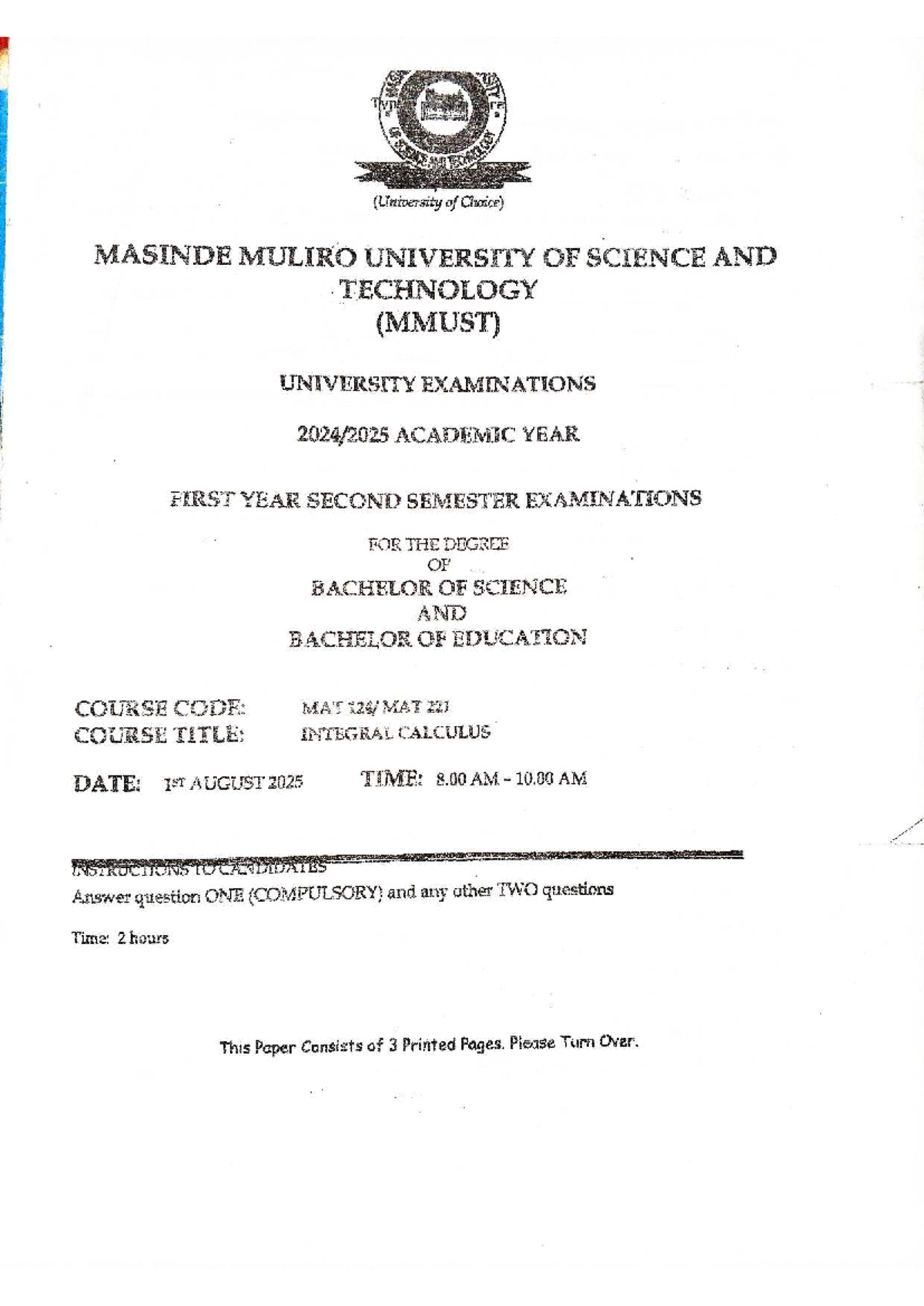 MAT 221 - Integral Calculus Exam Paper - August 2025 - Studocu