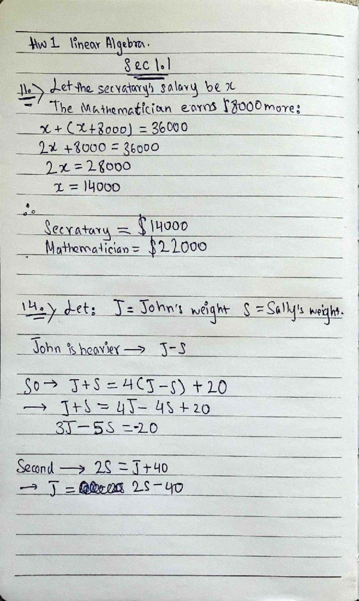 Linear Algebra HW 1: Salary, Weight, and Probability Problems - Studocu