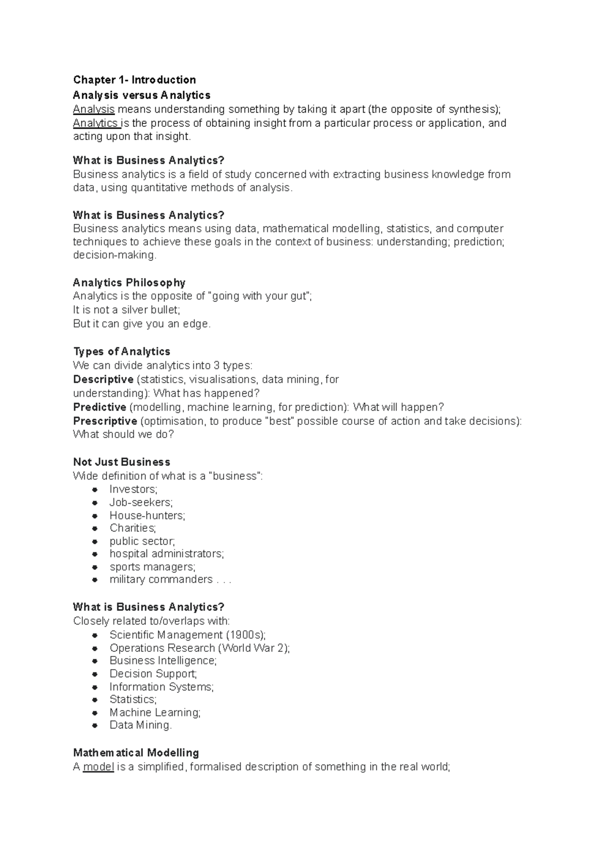Business Analytics (BA101) - Chapter 1 Notes: Introduction to Analytics ...