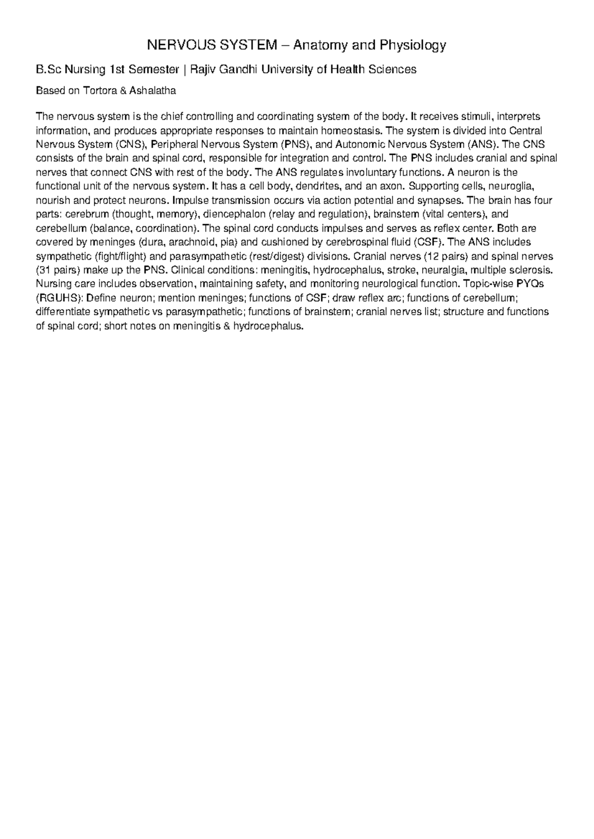 Nervous System Anatomy & Physiology Notes - B.Sc Nursing 1st Sem - Studocu