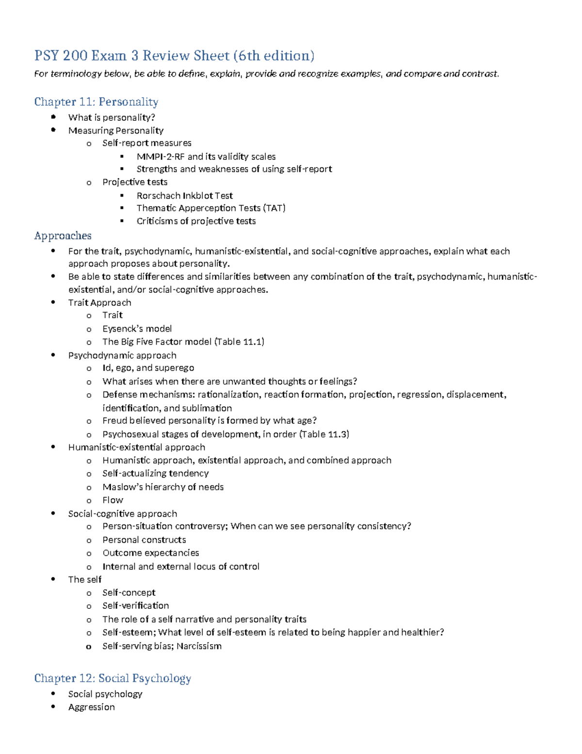 PSY 200 Exam 3 Review Sheet: Personality, Social Psych & Disorders ...