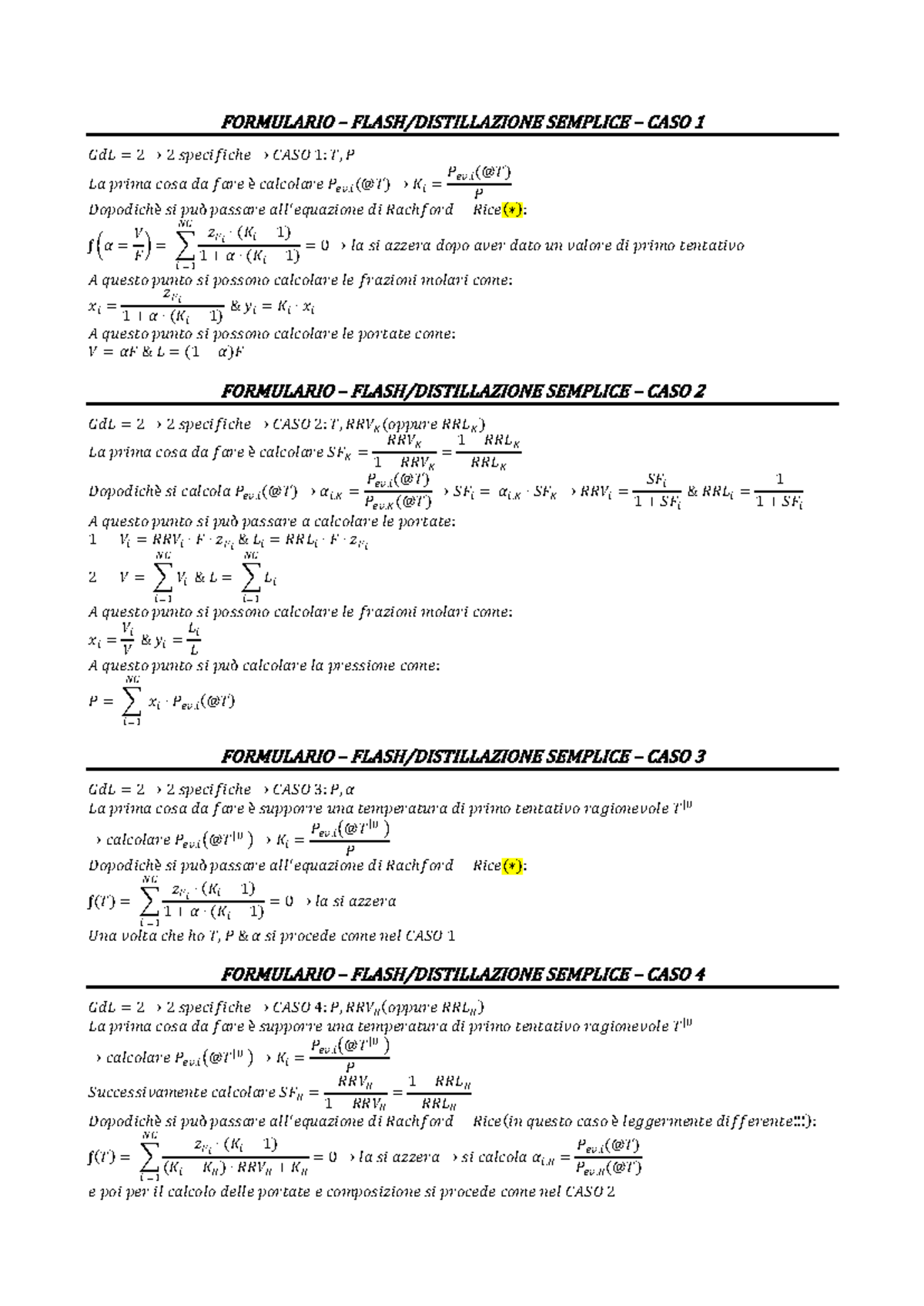 Formulario - Flash Distillazione Semplice: Casi da 1 a 5 - Document Preview