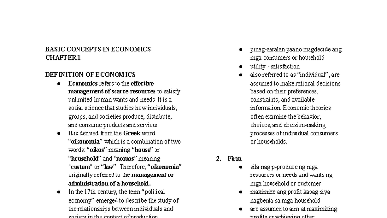 BASIC CONCEPTS IN ECONOMICS: CHAPTER 1 OVERVIEW AND DEFINITIONS - Studocu