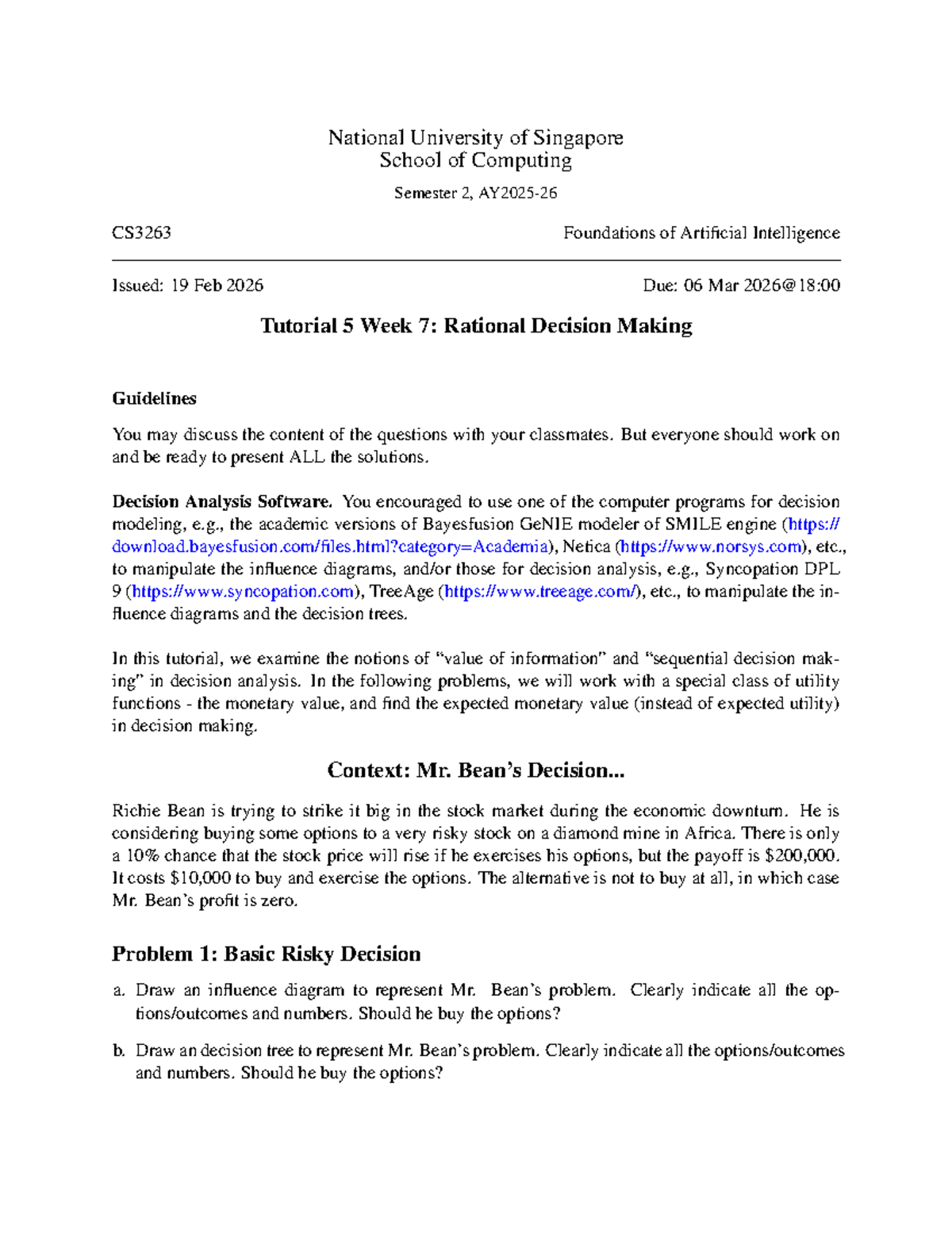 CS3263 Tutorial 5: Rational Decision Making and Decision Analysis - Studocu