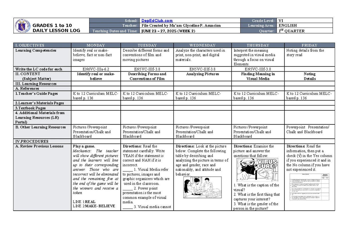 DLL ESP 6 Q1 W1: Daily Lesson Log for Grade 6 ESP - Studocu