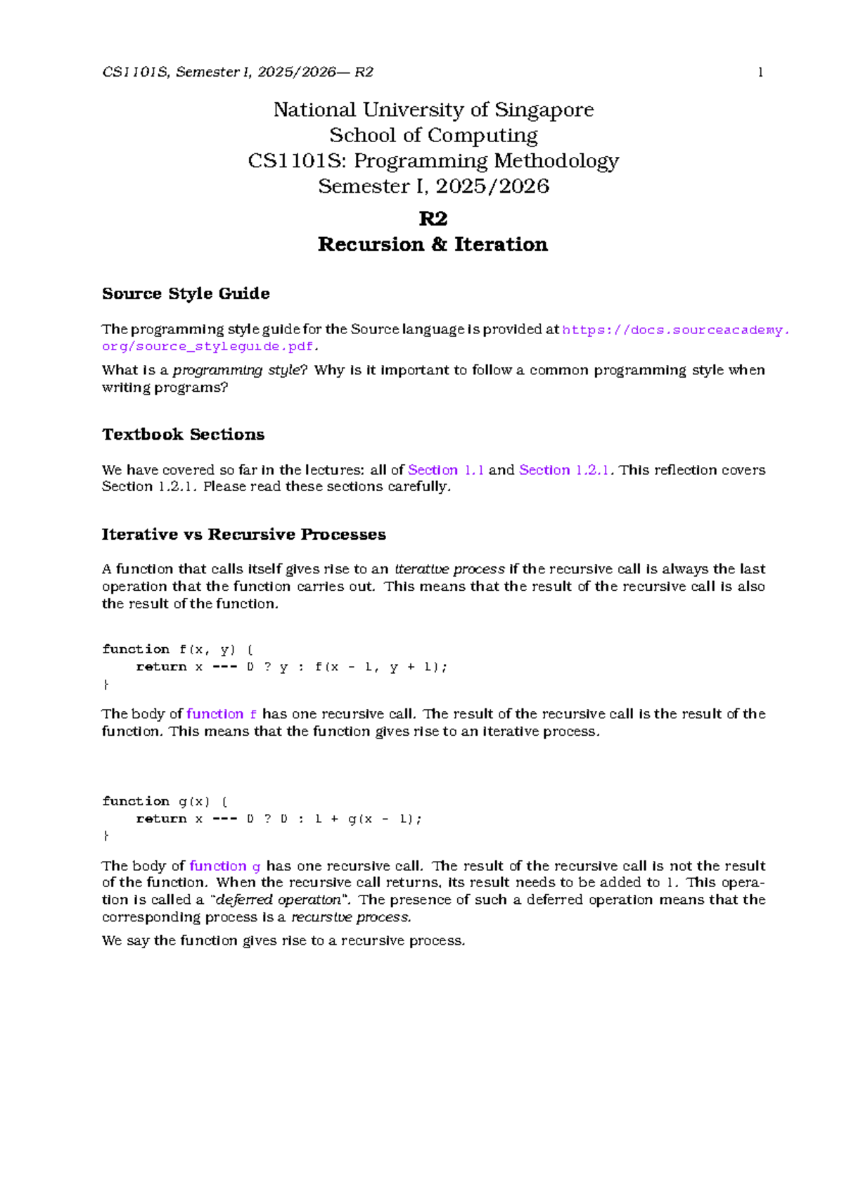 CS1101S: Reflection on Recursion and Iteration in Programming - Studocu