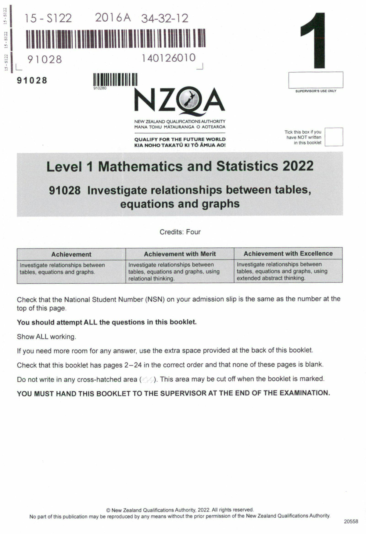 Mathematics and Statistics 91028 Level 1 Exam: Tables, Equations ...