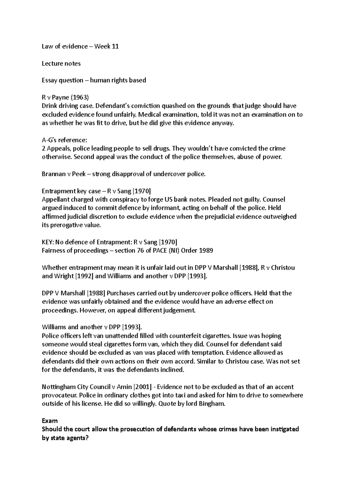 Week 11 Lecture Notes: Law of Evidence & Human Rights Considerations ...