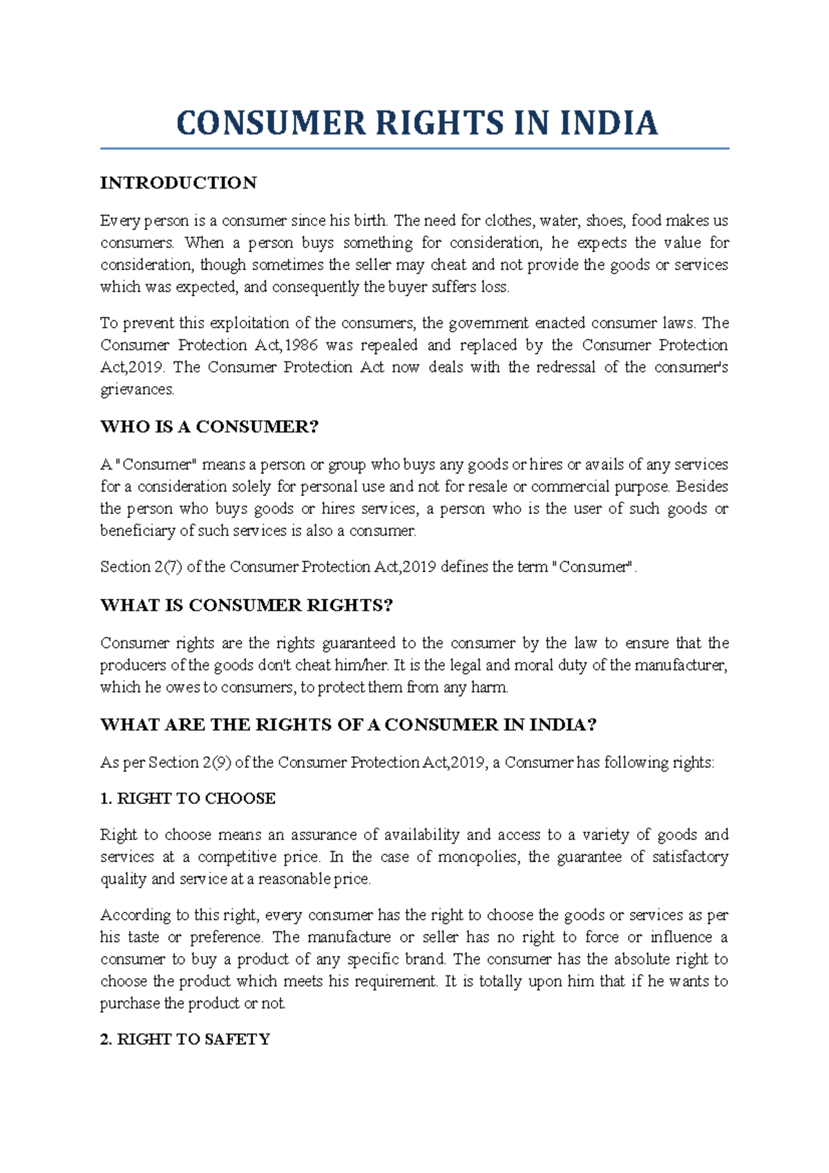 Consumer Rights IN India - CONSUMER RIGHTS IN INDIA INTRODUCTION Every ...