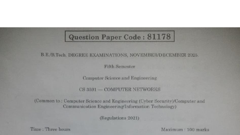 CS3591 Computer Networks Nov Dec 2025 Question Paper - Question Paper ...