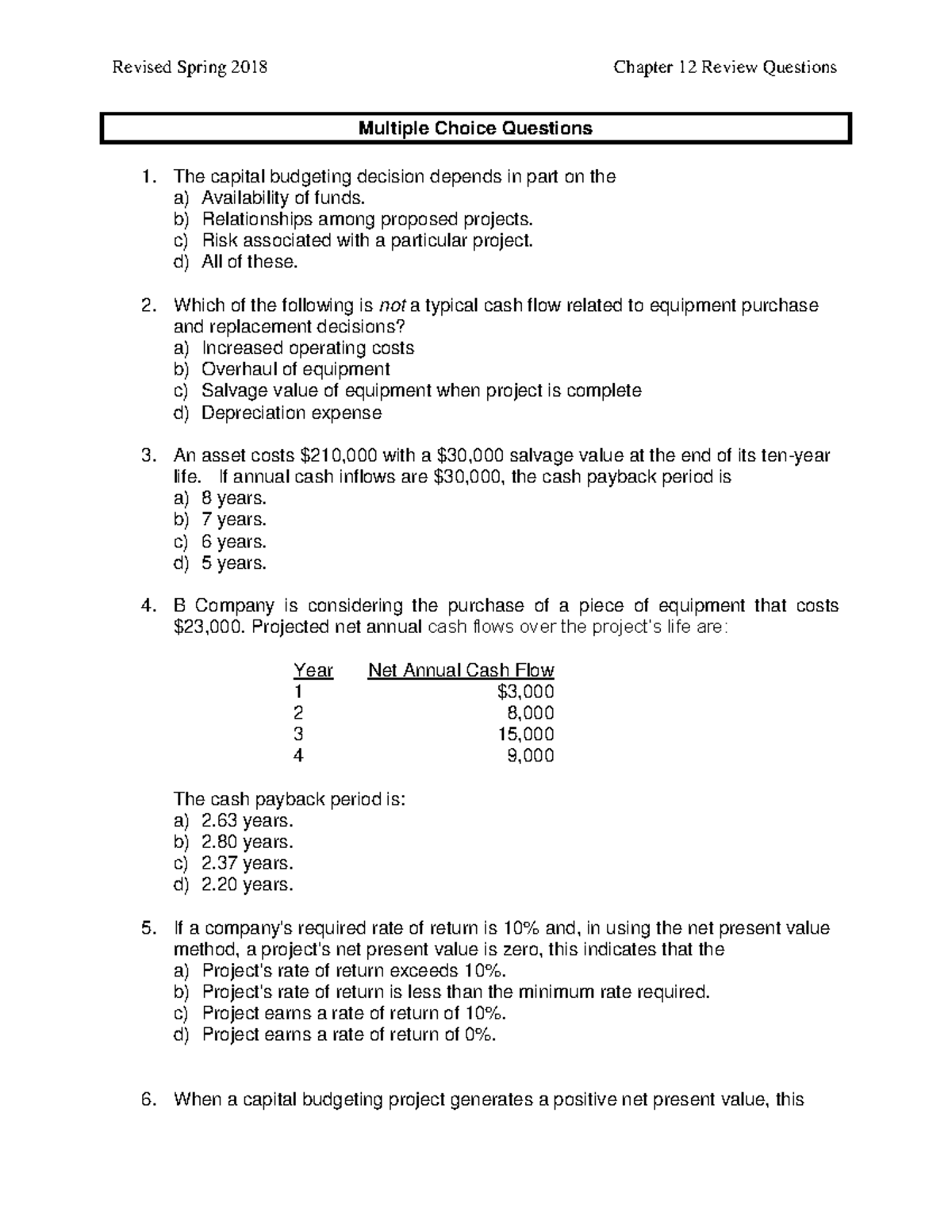 Project Appraisal MCQs: Capital Budgeting and Cash Flow Analysis - Studocu