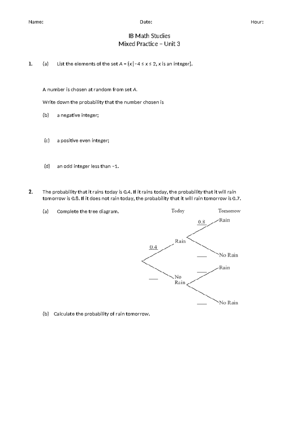 IB Math Studies Mixed Practice Unit 3: Probability & Sets Exercises ...