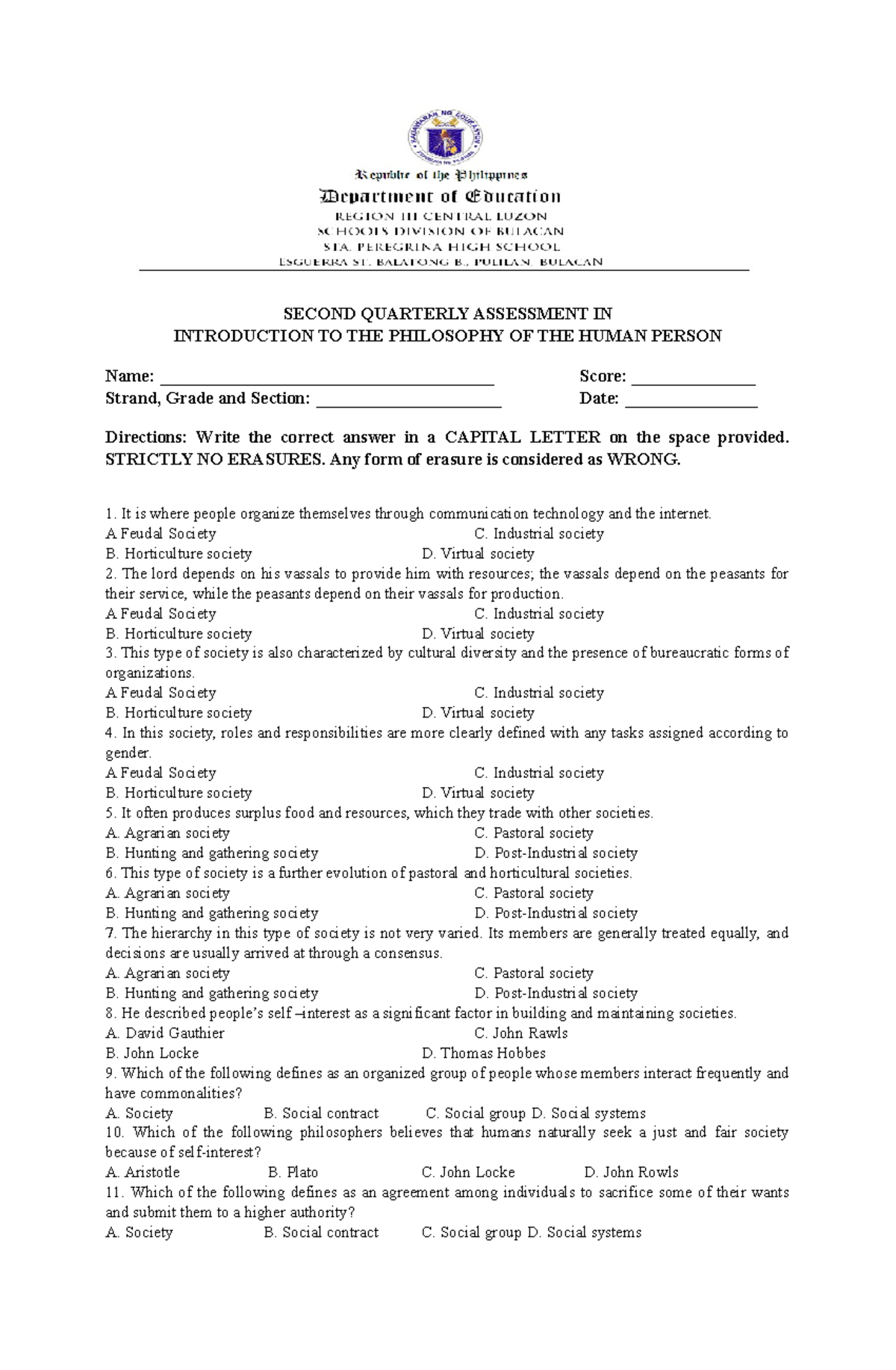 2ND Periodical EXAM IN Philo - SECOND QUARTERLY ASSESSMENT IN ...