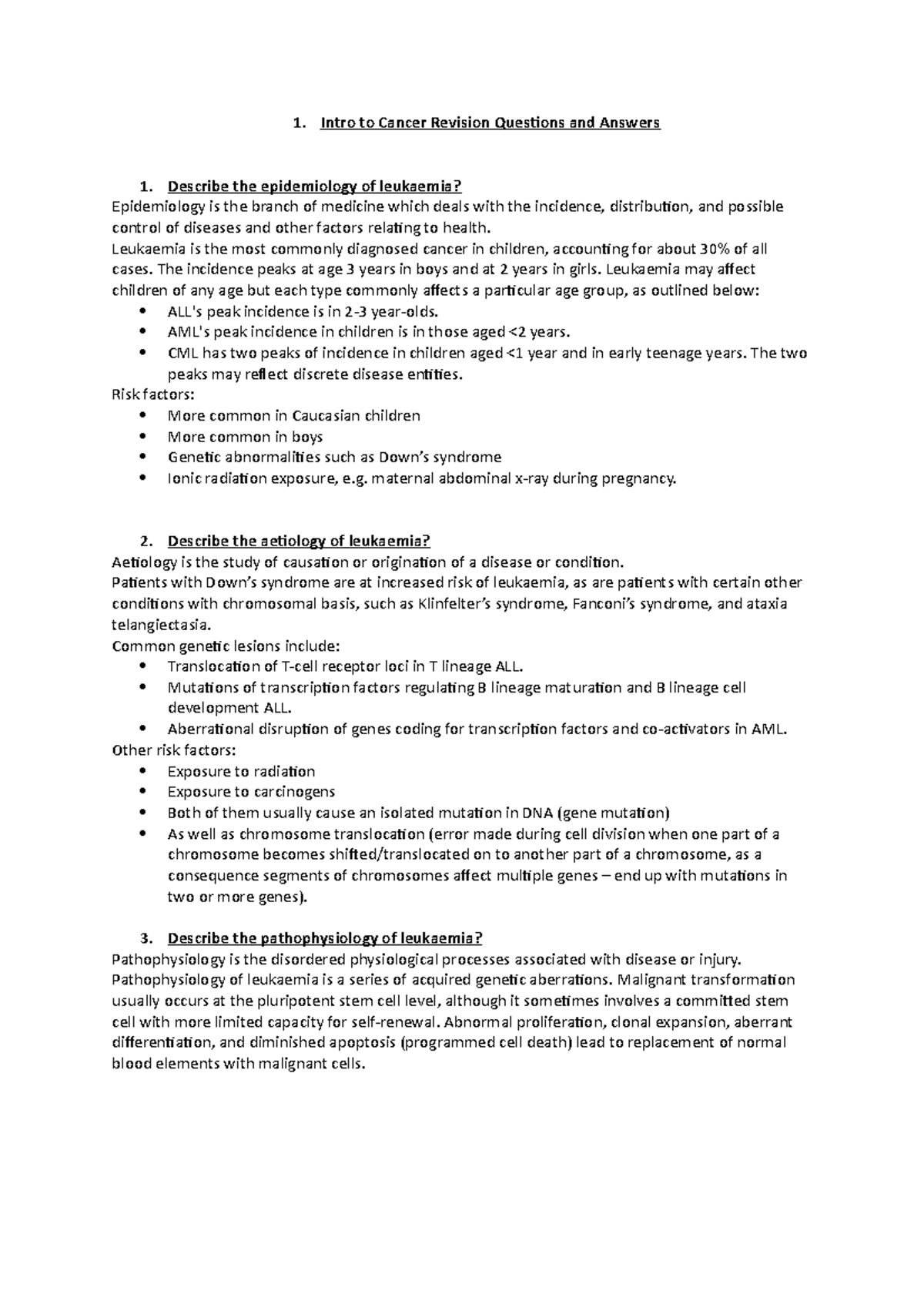 Intro to Cancer Revision Questions & Answers (Course Code: 1) - Studocu