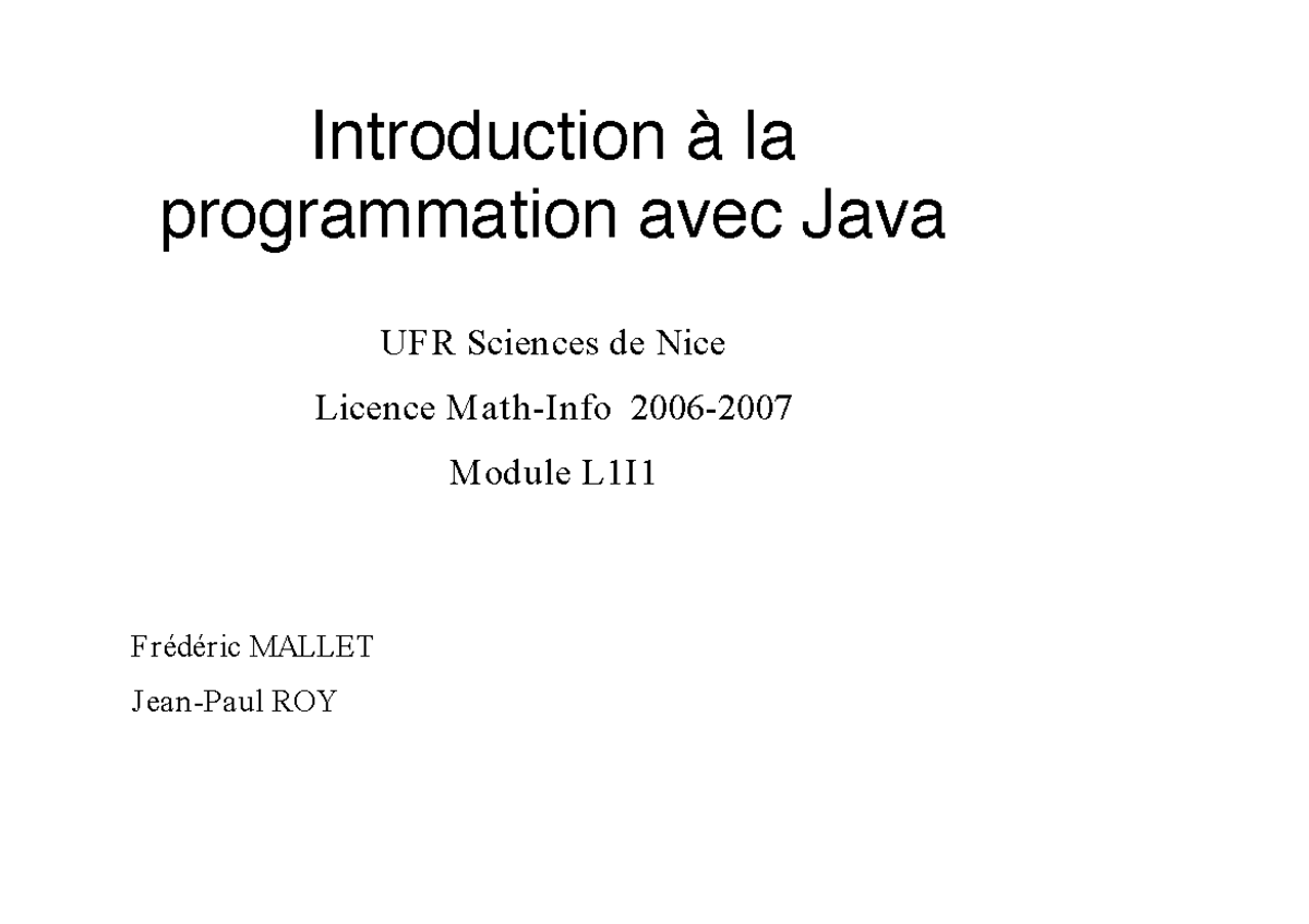 Introduction à la Programmation avec Java - Licence Math-Info L1I - Studocu