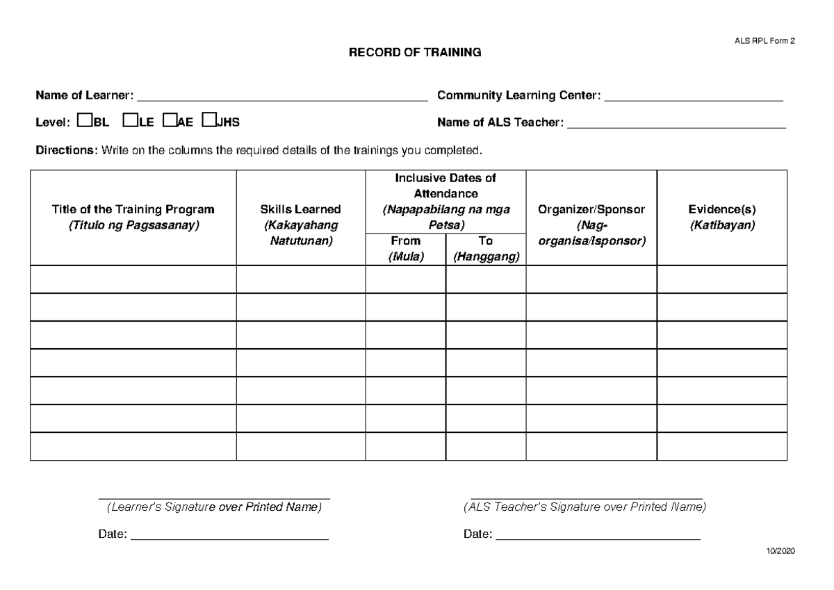 RPL Form 2 - RPL Form 2 - ALS RPL Form 2 10/ RECORD OF TRAINING Name of ...
