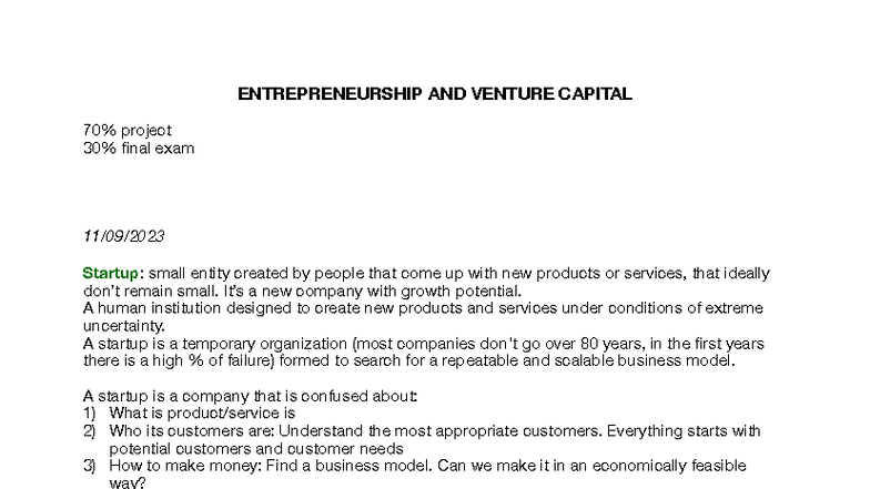 ENT 101: Entrepreneurship & Venture Capital Final Exam Notes - Studocu