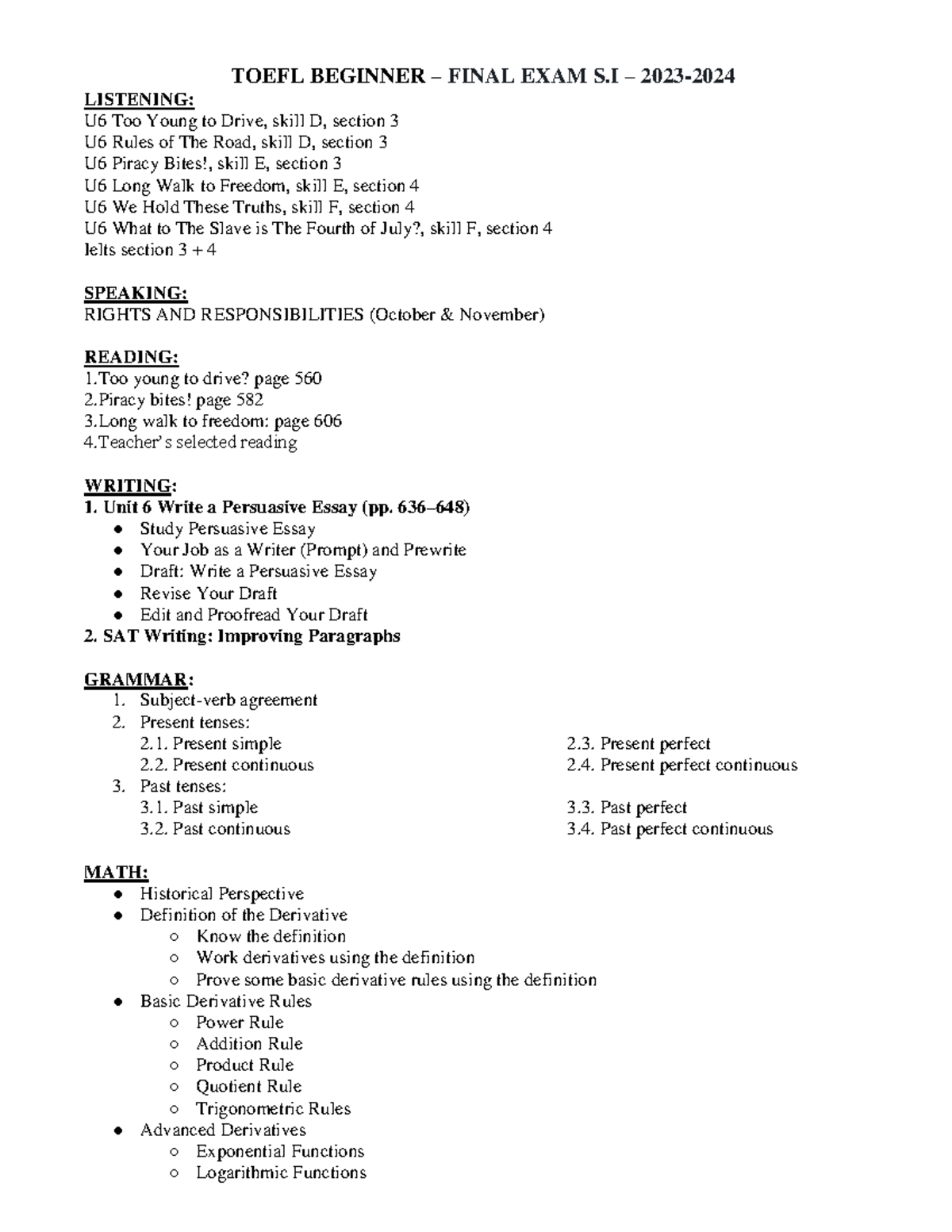 TOEFL BEGINNER FINAL EXAM S.I. REVISION (2023) - Studocu