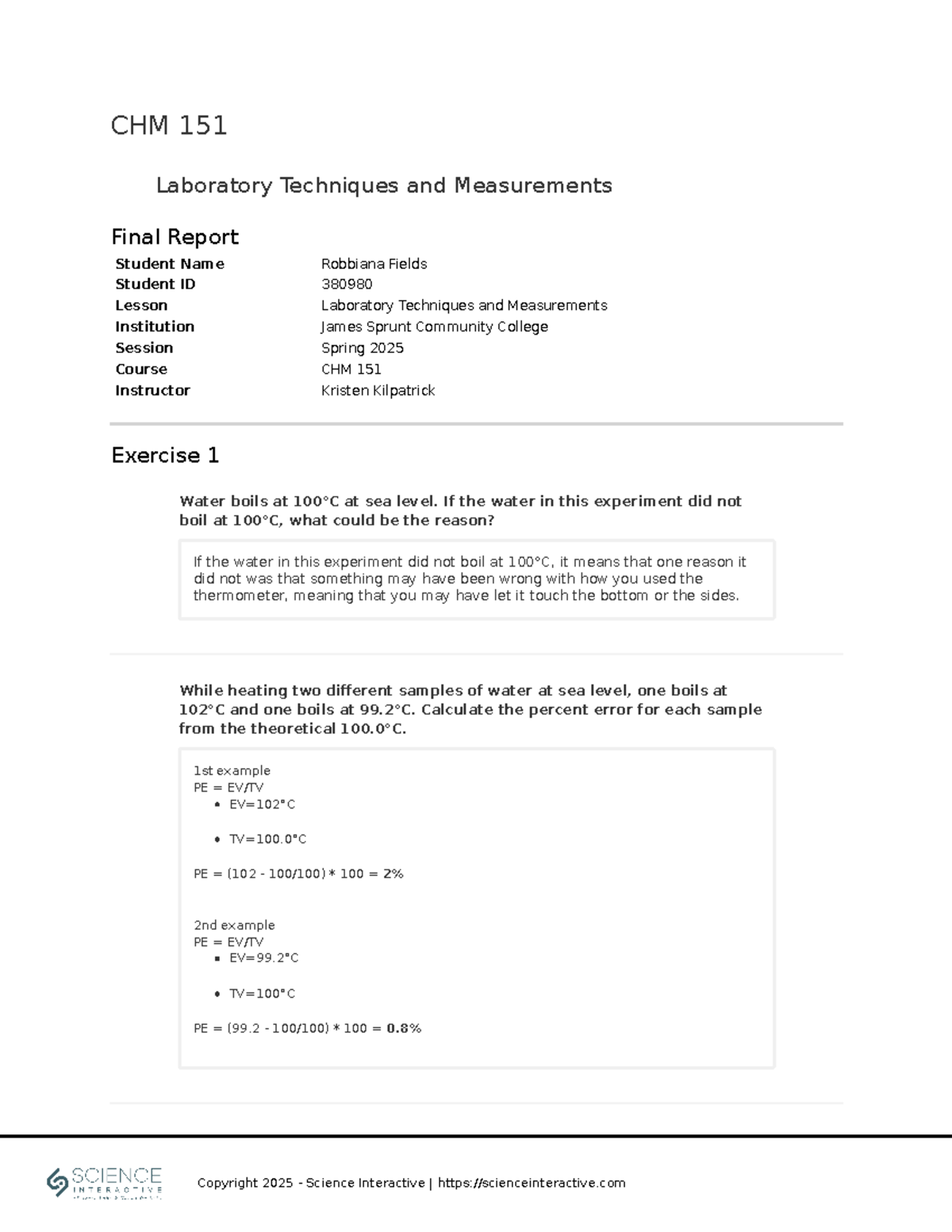 CHM 151 Final Report on Laboratory Techniques and Measurements - Studocu