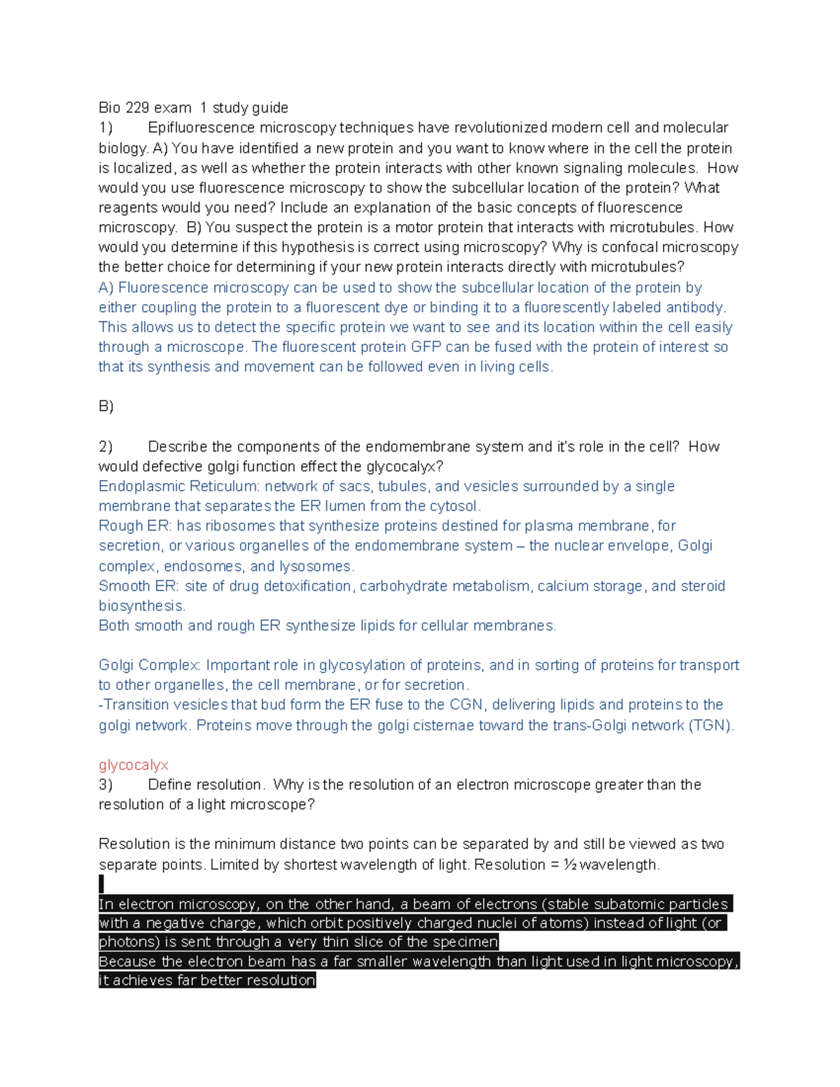 Bio 229 Exam 1 Comprehensive Study Guide on Cell Biology Techniques ...