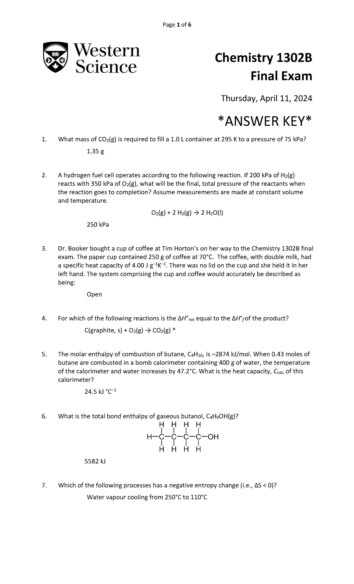 Final Exam 2024 Answer Key for Chemistry 1302B - Studocu